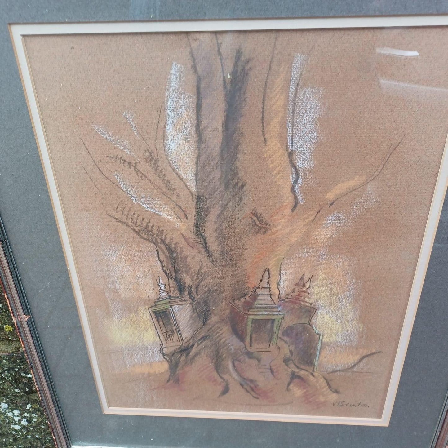 Quirky Vintage Pastel of Tree, Lanterns and Gravestone - mystical, fairytale, unusual - VGC 53cm x 43cm