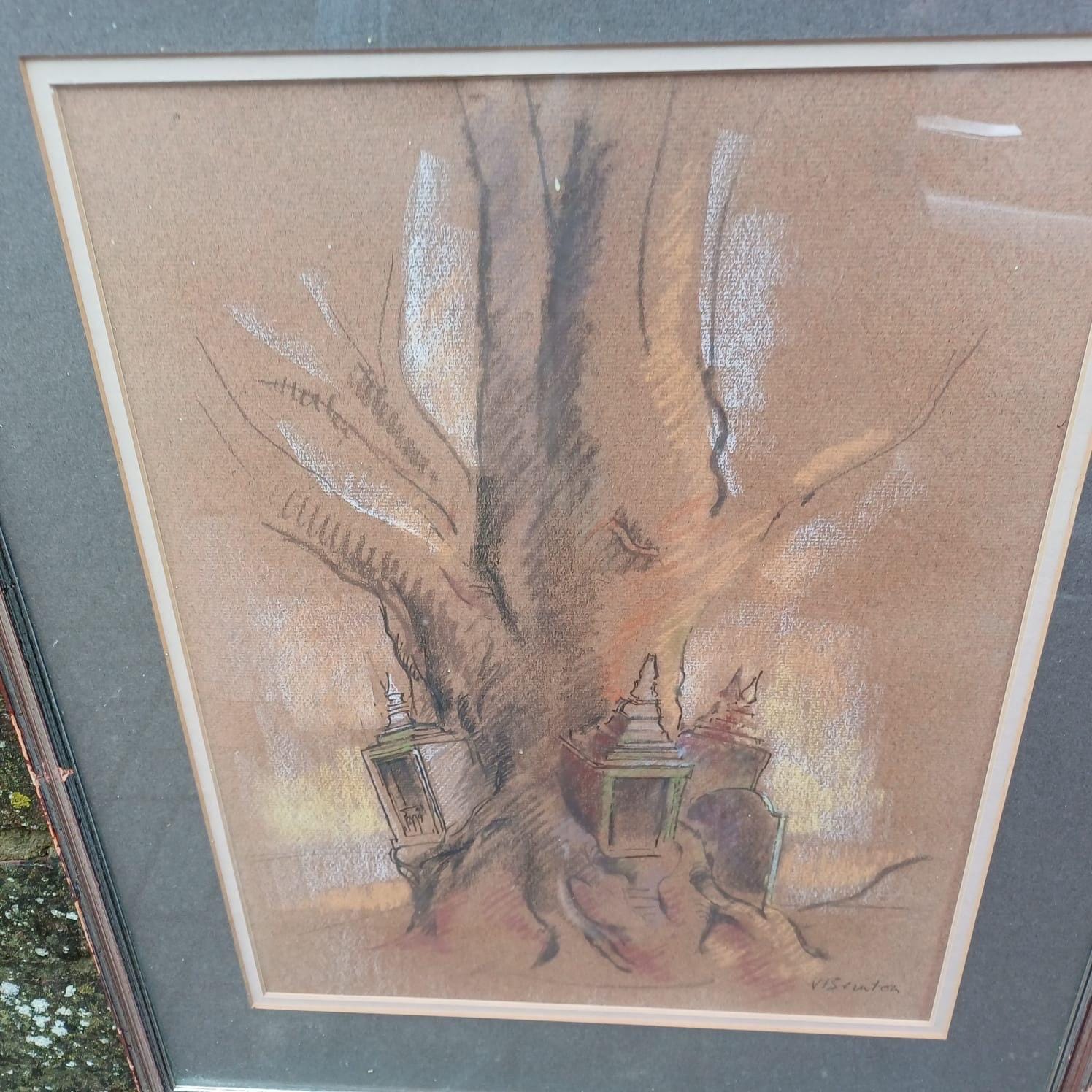 Quirky Vintage Pastel of Tree, Lanterns and Gravestone - mystical, fairytale, unusual - VGC 53cm x 43cm