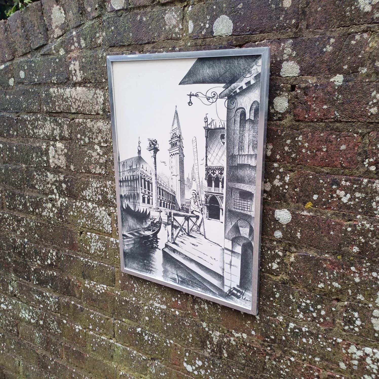 Retro Drawing of Venice, Italy in chrome retro frame - ink and charcoal, signed, drawing of St Marks Campanile, with gondola and canal