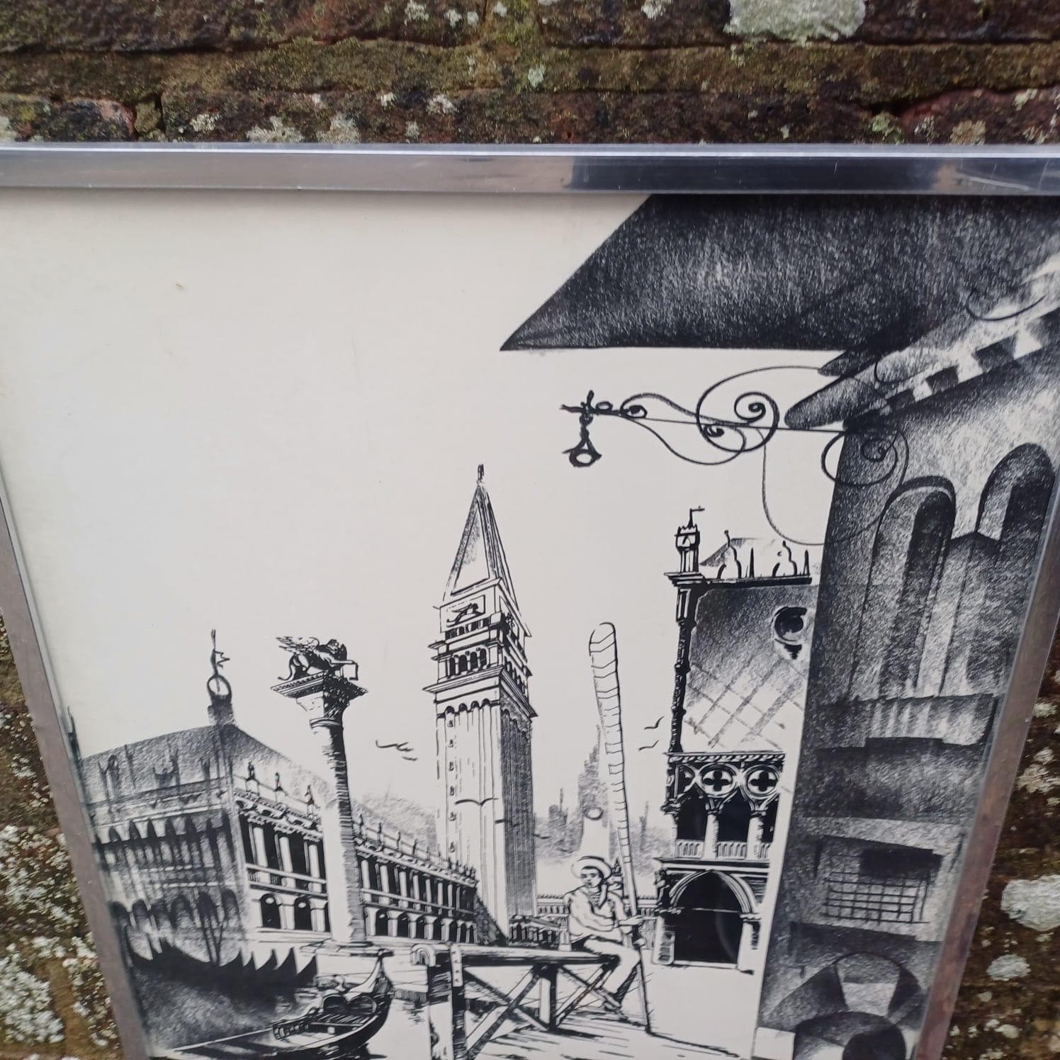 Retro Drawing of Venice, Italy in chrome retro frame - ink and charcoal, signed, drawing of St Marks Campanile, with gondola and canal