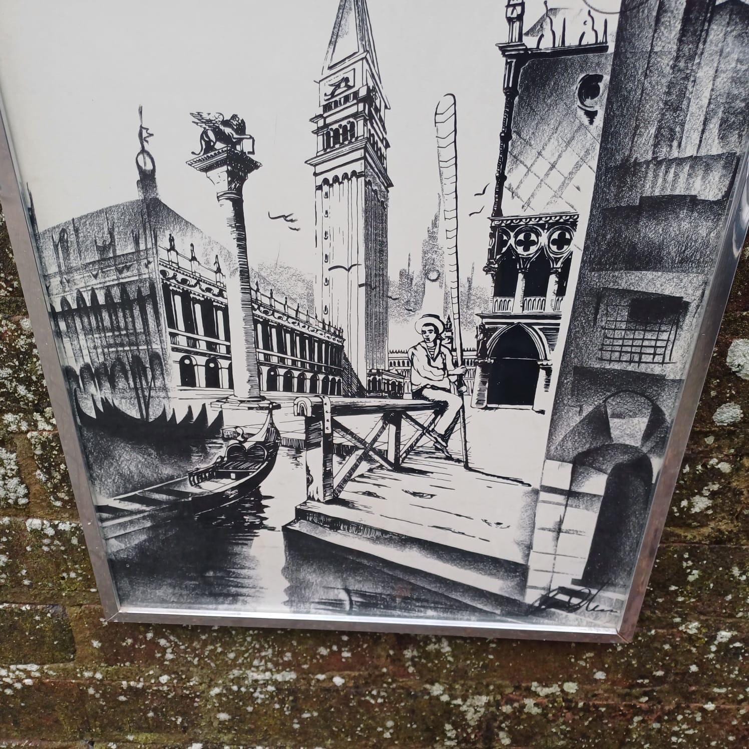 Retro Drawing of Venice, Italy in chrome retro frame - ink and charcoal, signed, drawing of St Marks Campanile, with gondola and canal