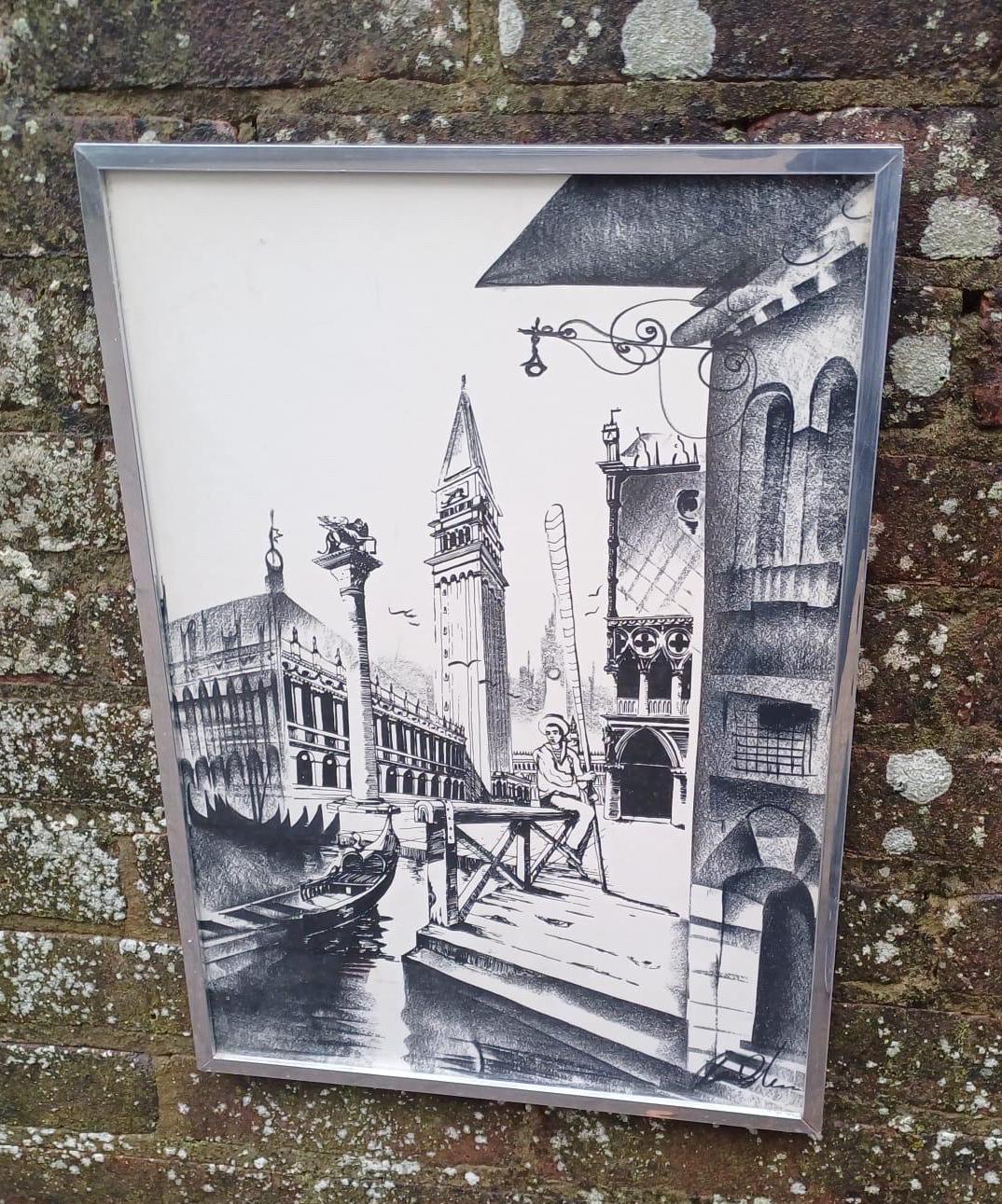 signed 1970s ink and charcoal drawing of Venice. Retro black and white drawing of St Marks in Venice. in chrome retro metal glazed frame. ready to hang