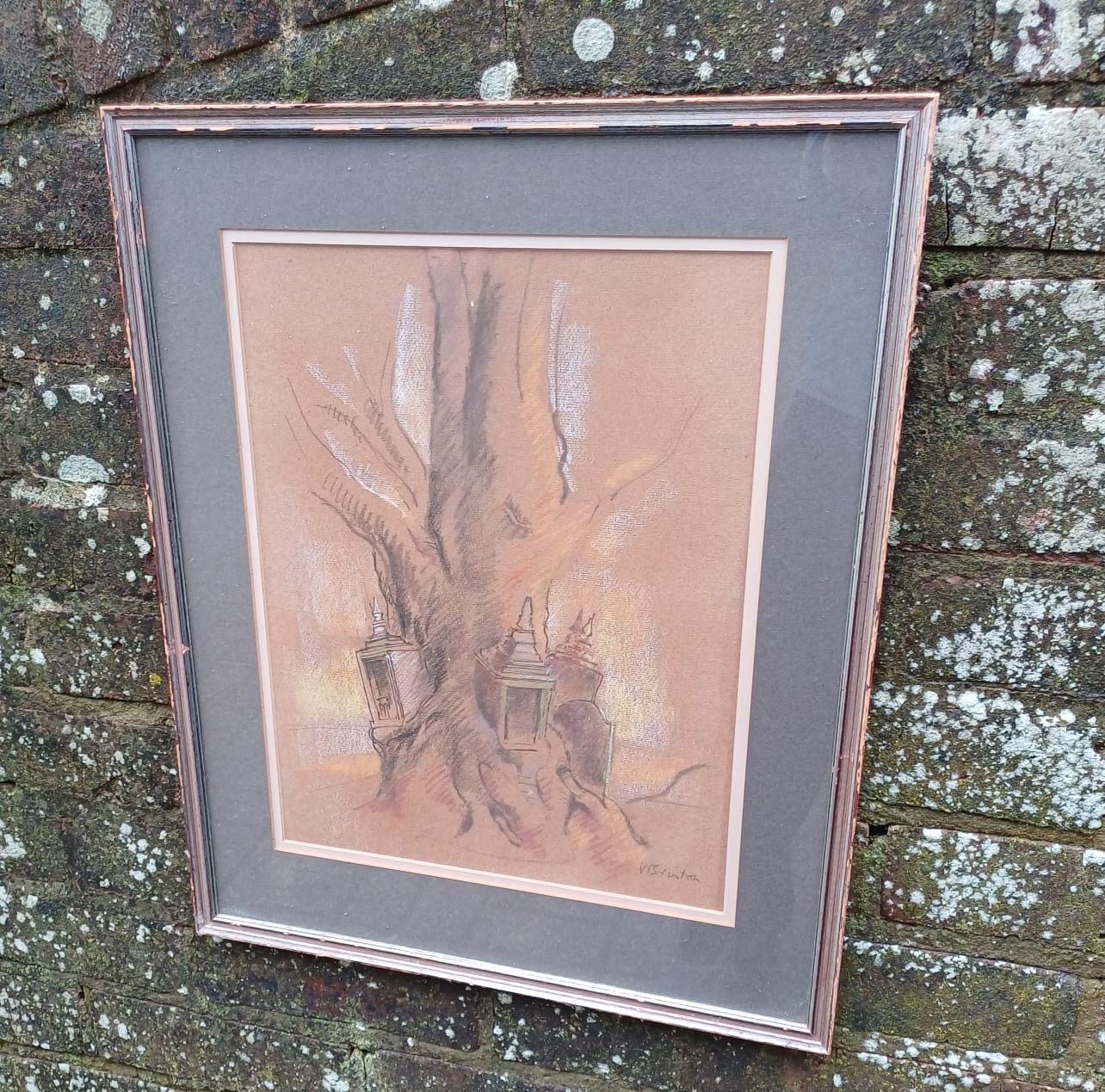 fantasy pastel drawing of a tree, lanterns and a gravestone. Unusual drawing. Quirky drawing. pastel vintage drawing in double mount and vintage frame. VGC