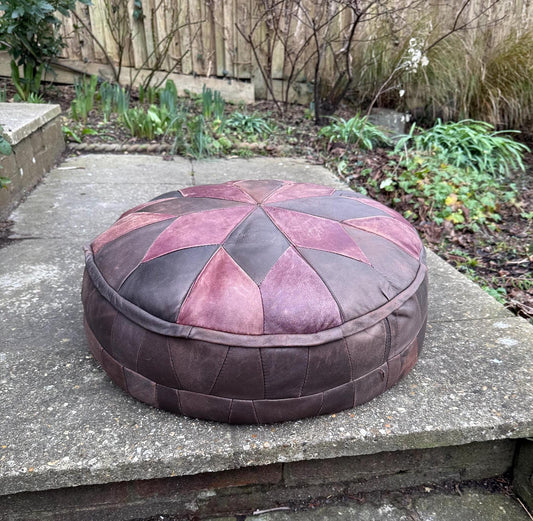 vintage aged pouf or cushion.  Leatherette fabric. worn and aged.  vintage stool.  bohemian pouf pouffe