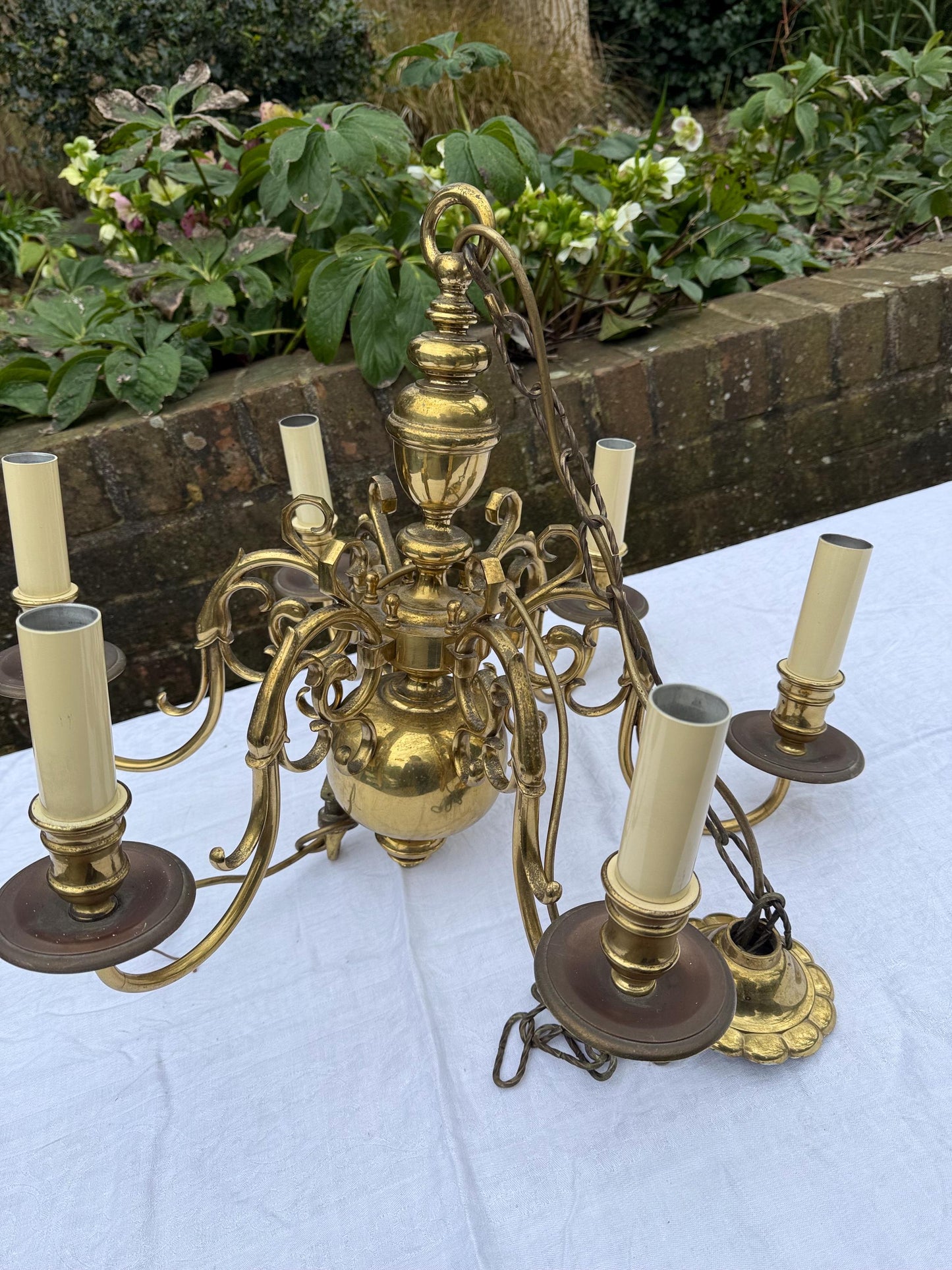 Quality mid-century Dutch brass chandelier, ball and ring design with birds and fish - heavy, original piece