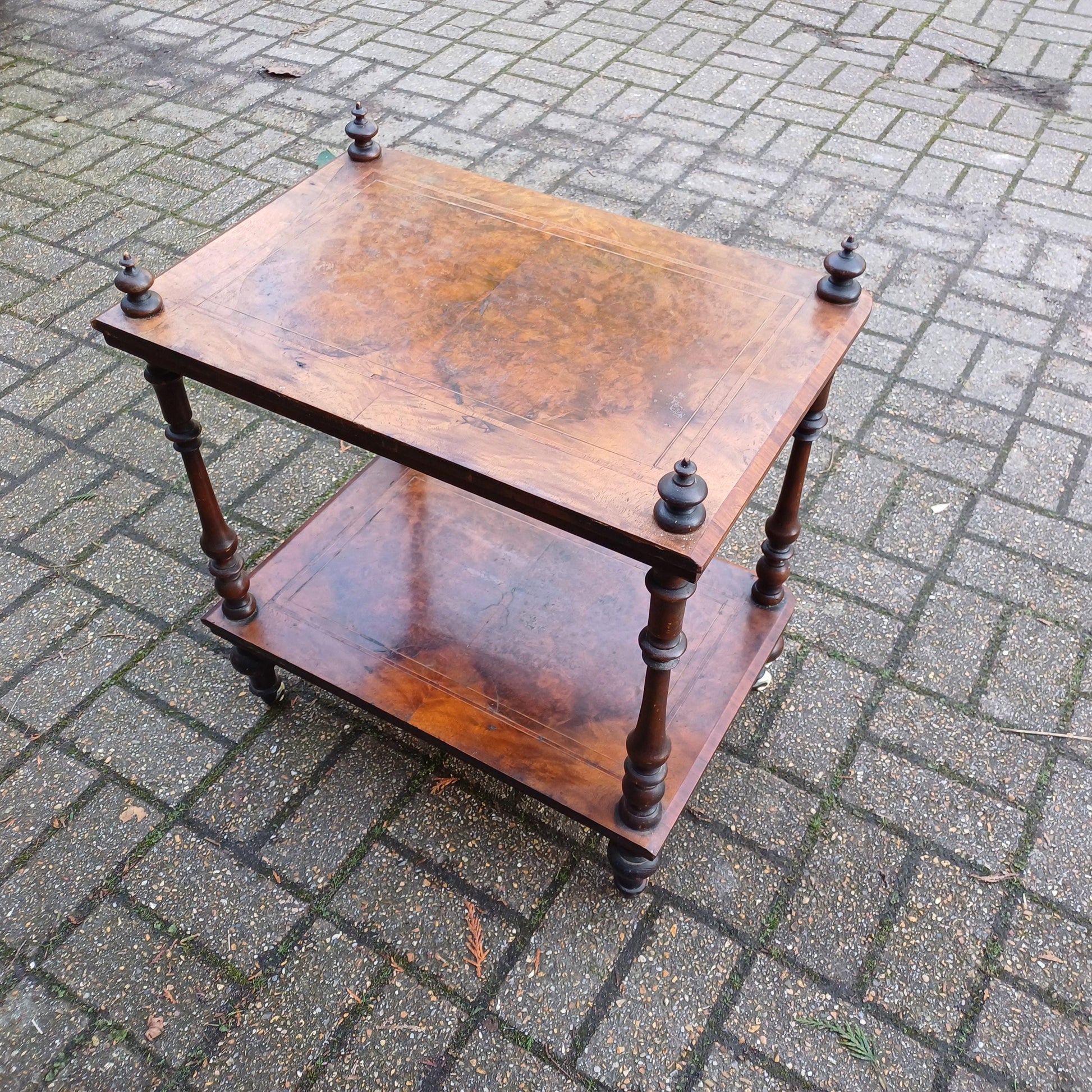 Vintage Victorian Walnut and Mahogany Inlaid Side Table Shelf or Wot Not