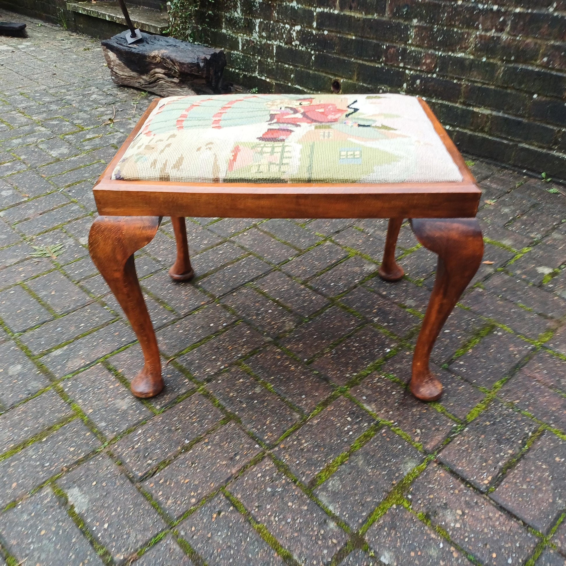 Vintage Chippendale Revival Wooden Stool with Cabriole Legs, Needlepoint Seat, Tapestry Mahogany Frame - excellent stool mid-Century replica