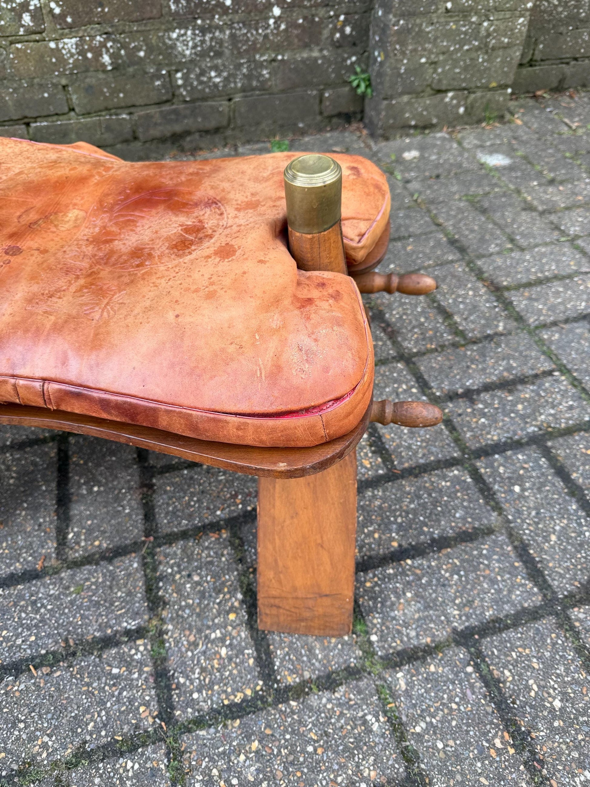 Vintage original camel stool - wooden frame with original leather seat (needs stitching) - sturdy and solid