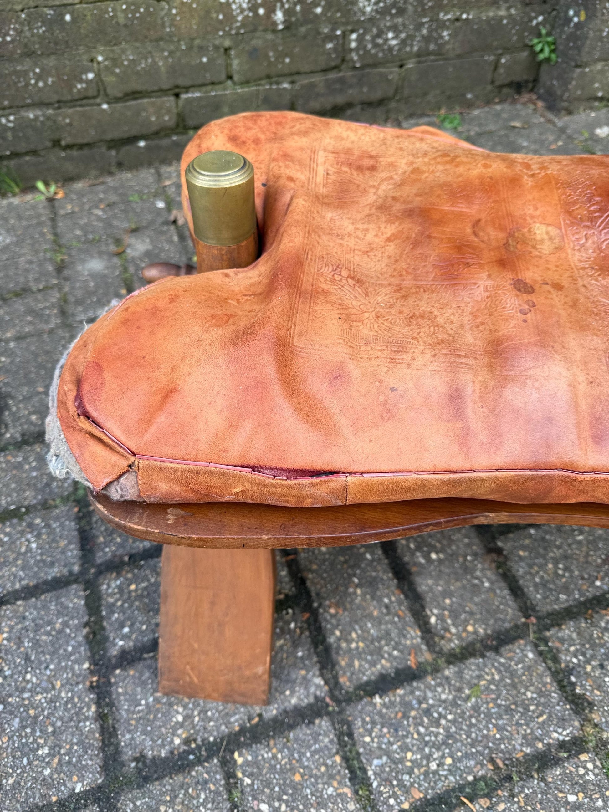 Vintage original camel stool - wooden frame with original leather seat (needs stitching) - sturdy and solid