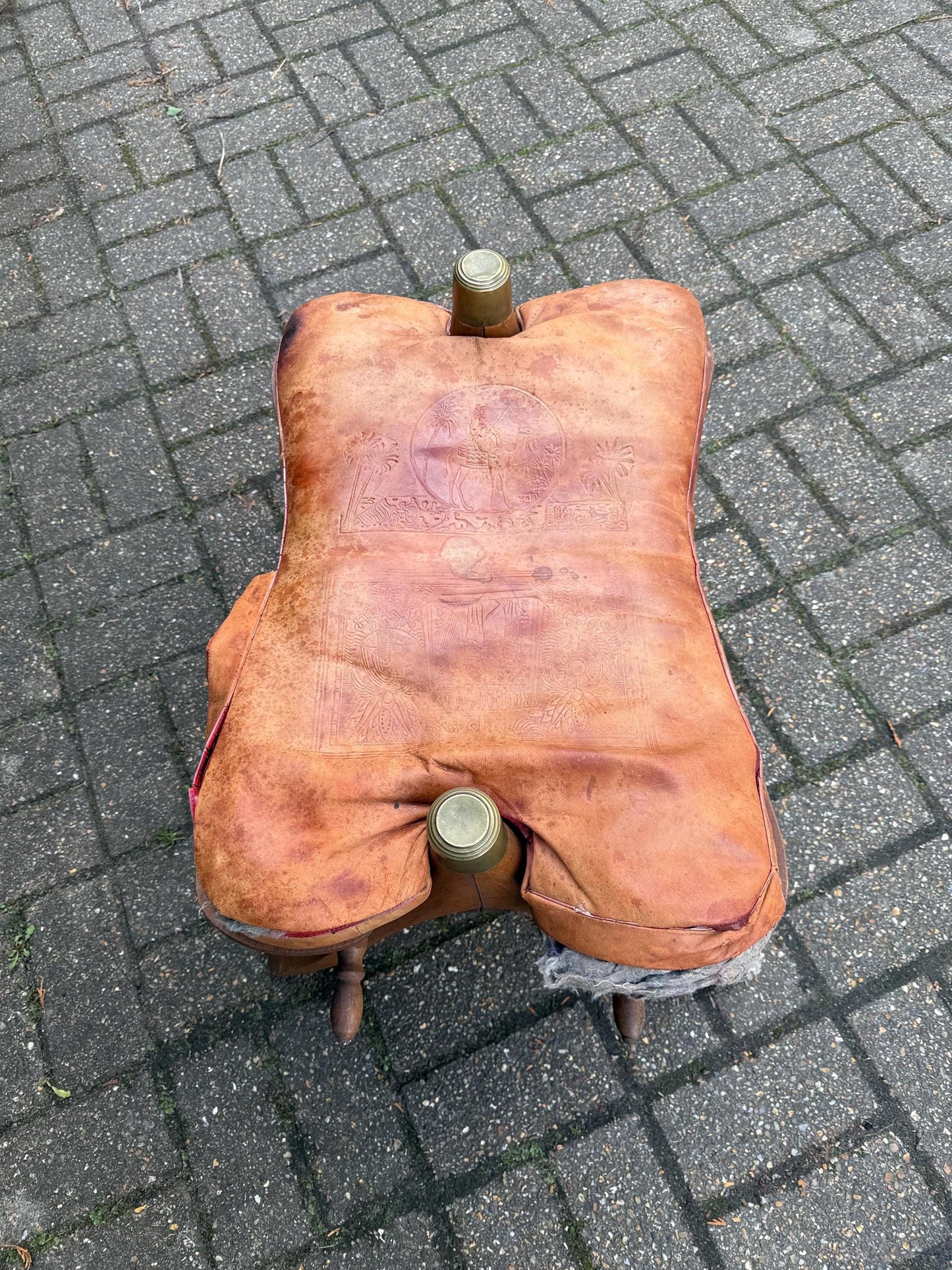 Vintage original camel stool - wooden frame with original leather seat (needs stitching) - sturdy and solid