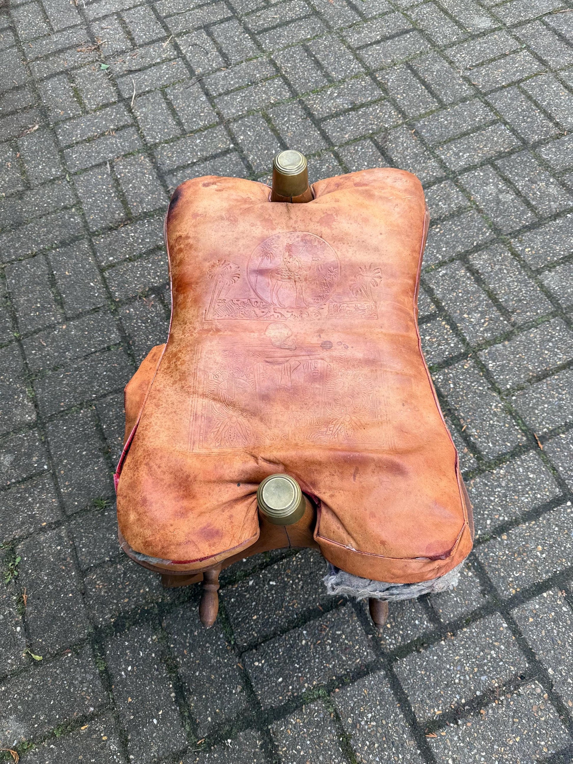 Vintage original camel stool - wooden frame with original leather seat (needs stitching) - sturdy and solid