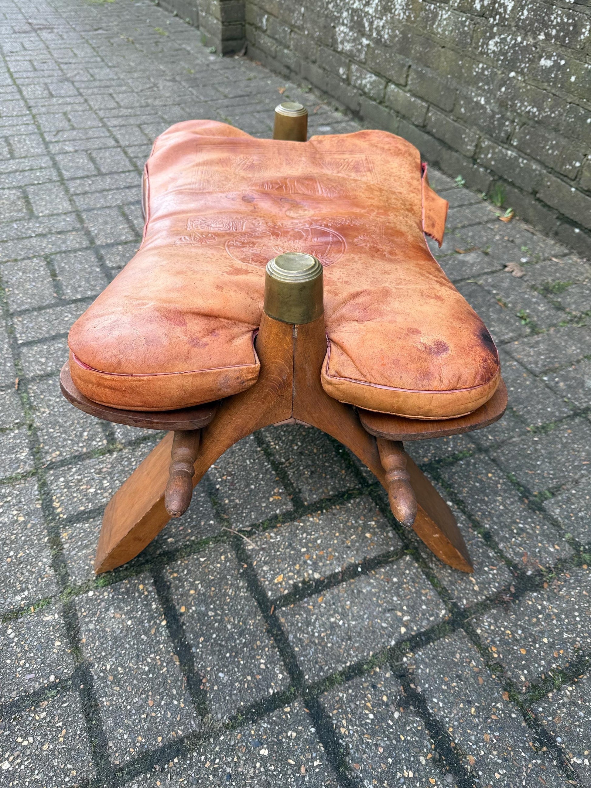 Vintage original camel stool - wooden frame with original leather seat (needs stitching) - sturdy and solid