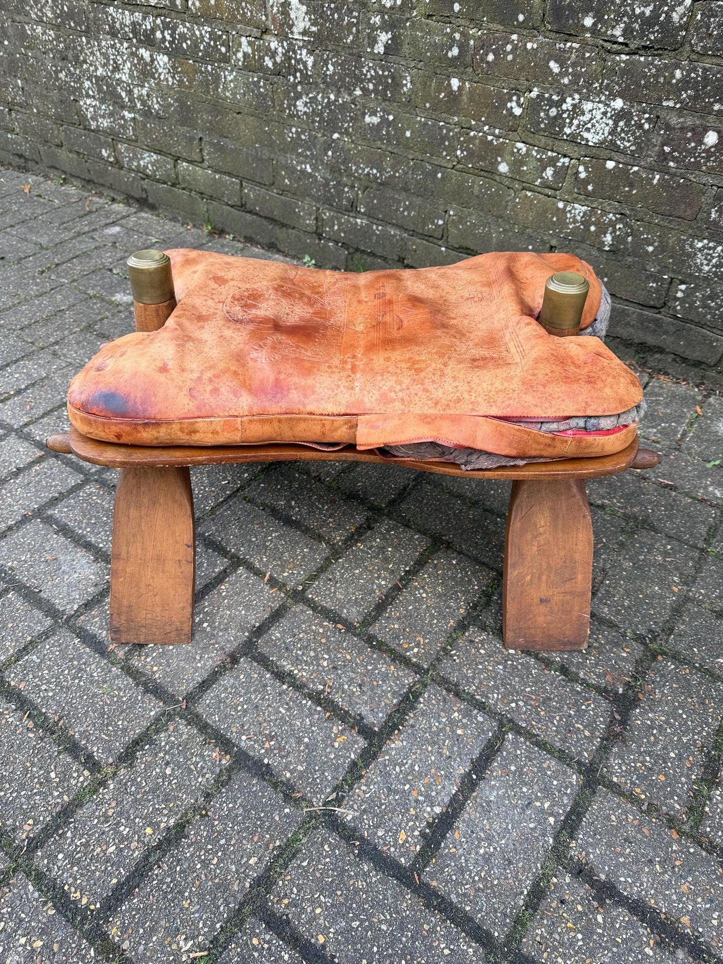 Vintage original camel stool - wooden frame with original leather seat (needs stitching) - sturdy and solid