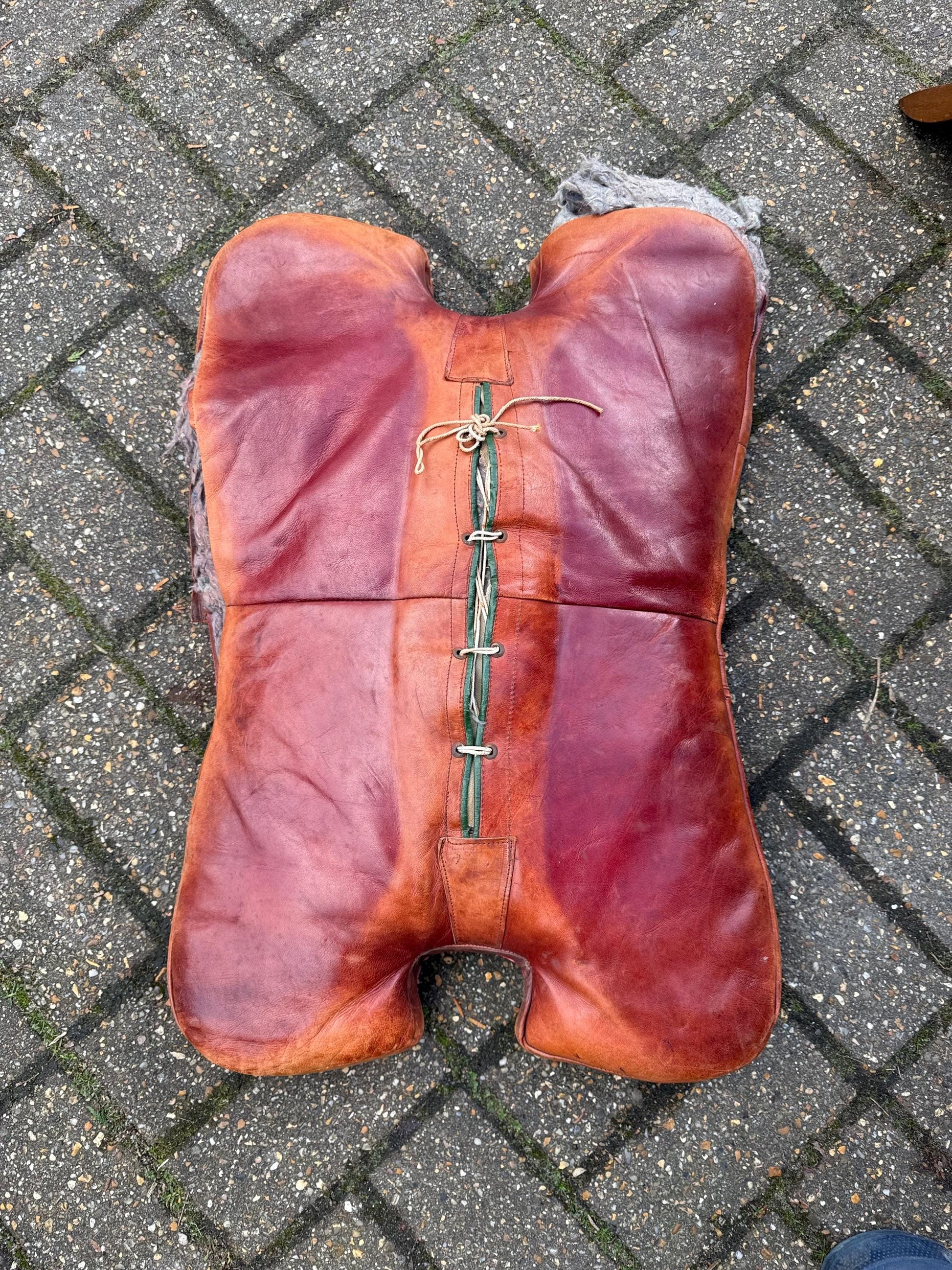 Vintage original camel stool - wooden frame with original leather seat (needs stitching) - sturdy and solid