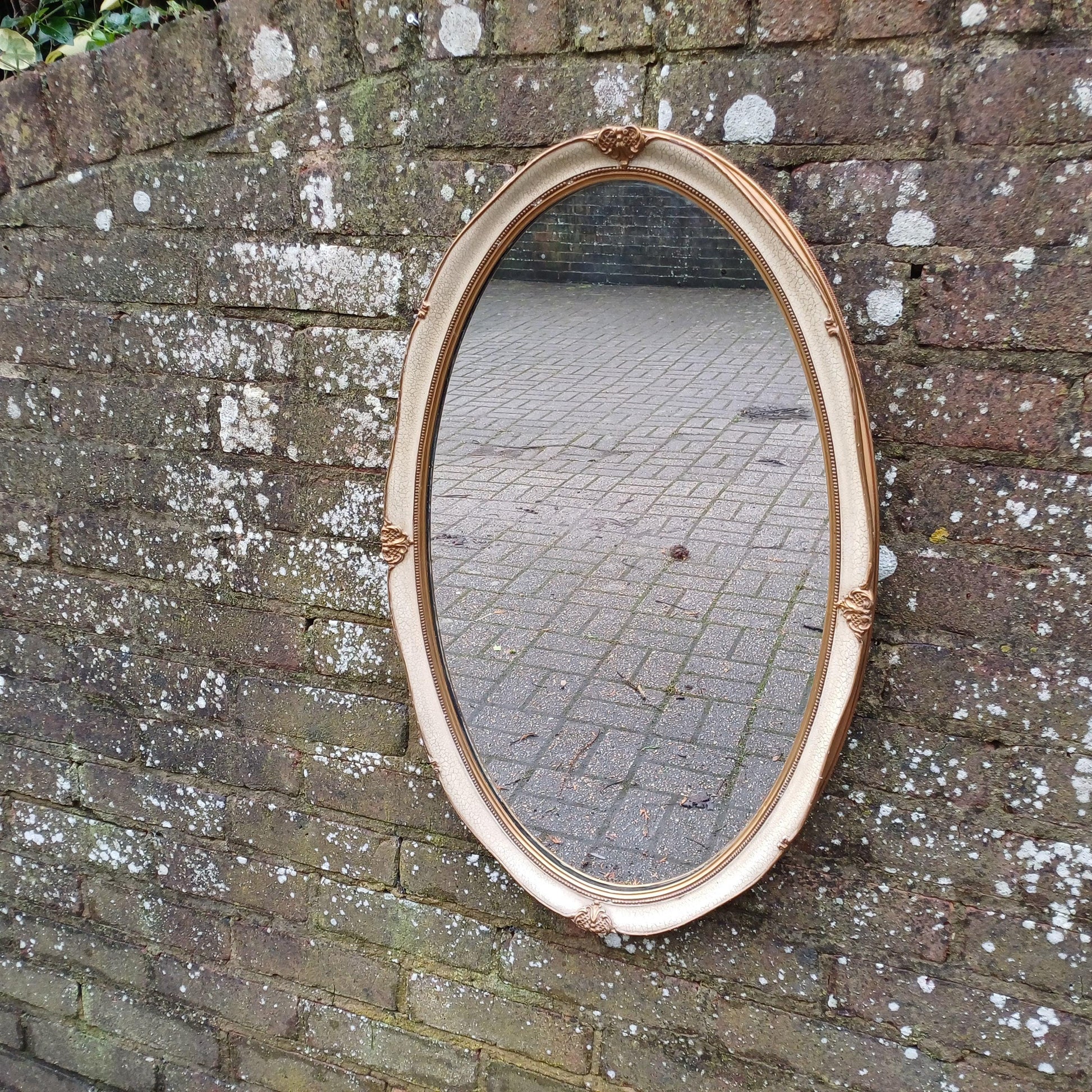 Large Vintage 60s/70s Gold and Cream Oval Mirror Crackle Glazed Effect.
