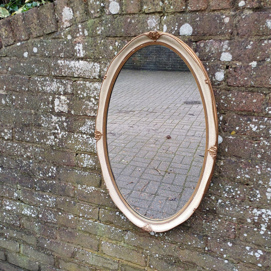 Large Vintage 60s/70s Gold and Cream Oval Mirror Crackle Glazed Effect.