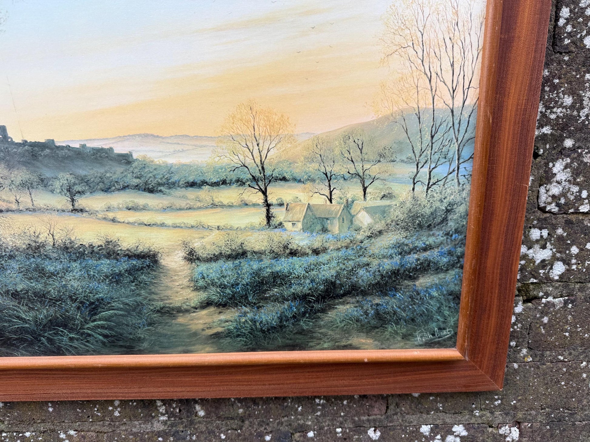 Huge Vintage Print ‘Enchanting Morn’ Landscape by Keith Best in Wooden Frame