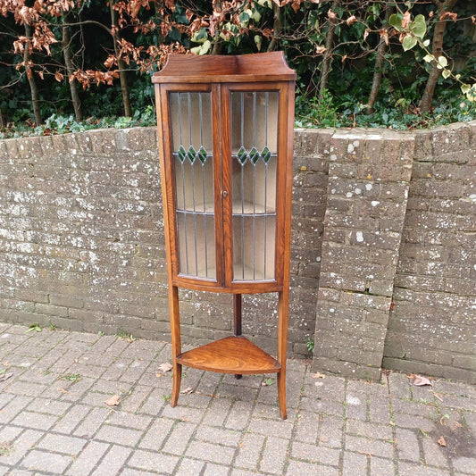 Thin Vintage Antique Pretty & Practical 1920s Oak Corner Cupboard Leaded Light Doors FREE HAND Delivery