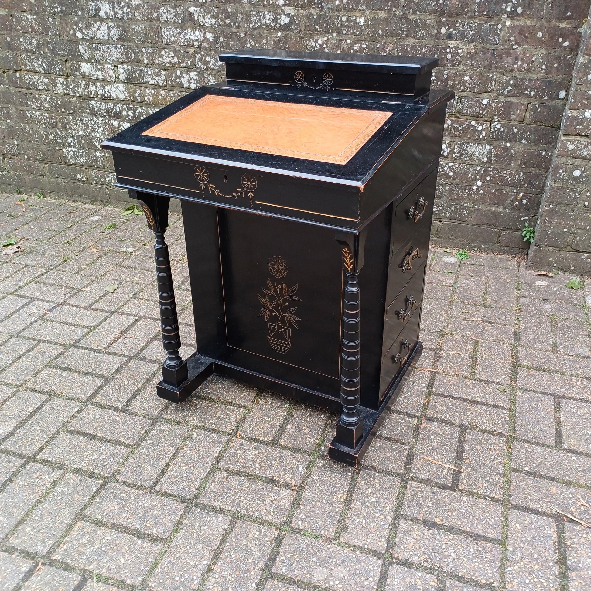 Vintage Davenport Antique Writing Desk with Secret Compartment, Late 19th/Early 20th Century FREE HAND Delivery Black Gold Ebonised