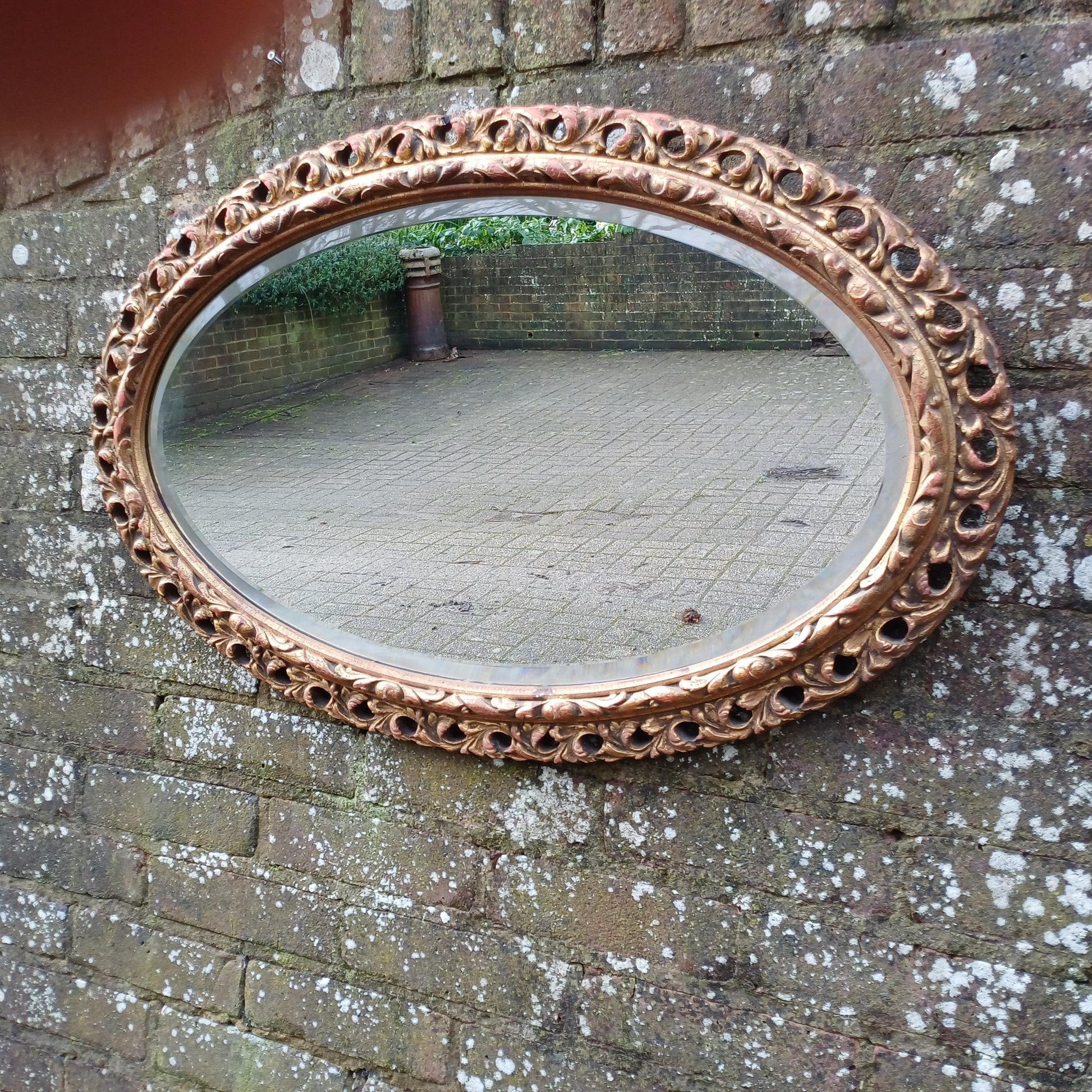 Beautiful Age Worn Gold Red with Highlights Oval Mirror Bevelled Glass 50 x 77 cm