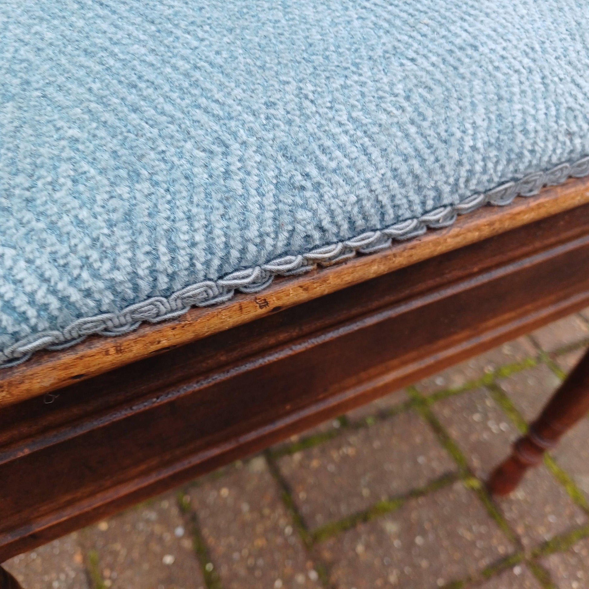 Elegant Vintage Late Victorian Mahogany Piano Stool with Storage Compartment Soft Blue Fabric