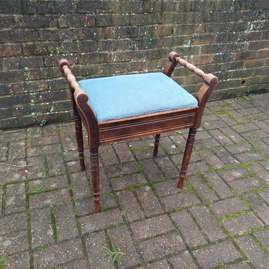 Elegant Vintage Late Victorian Mahogany Piano Stool with Storage Compartment Soft Blue Fabric