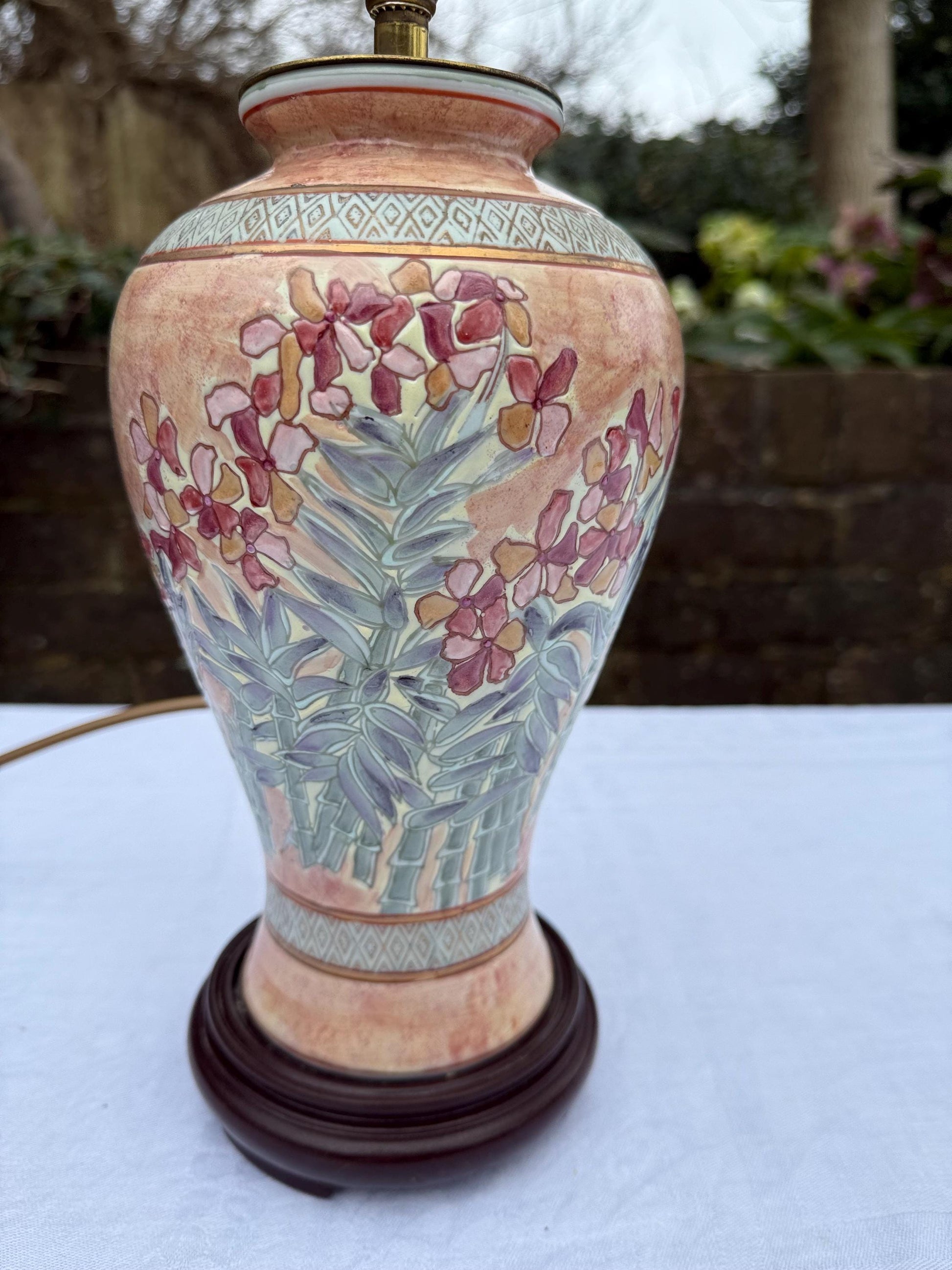Vintage BHS Peach Floral Oriental Style Table Lamp - PAT tested, working