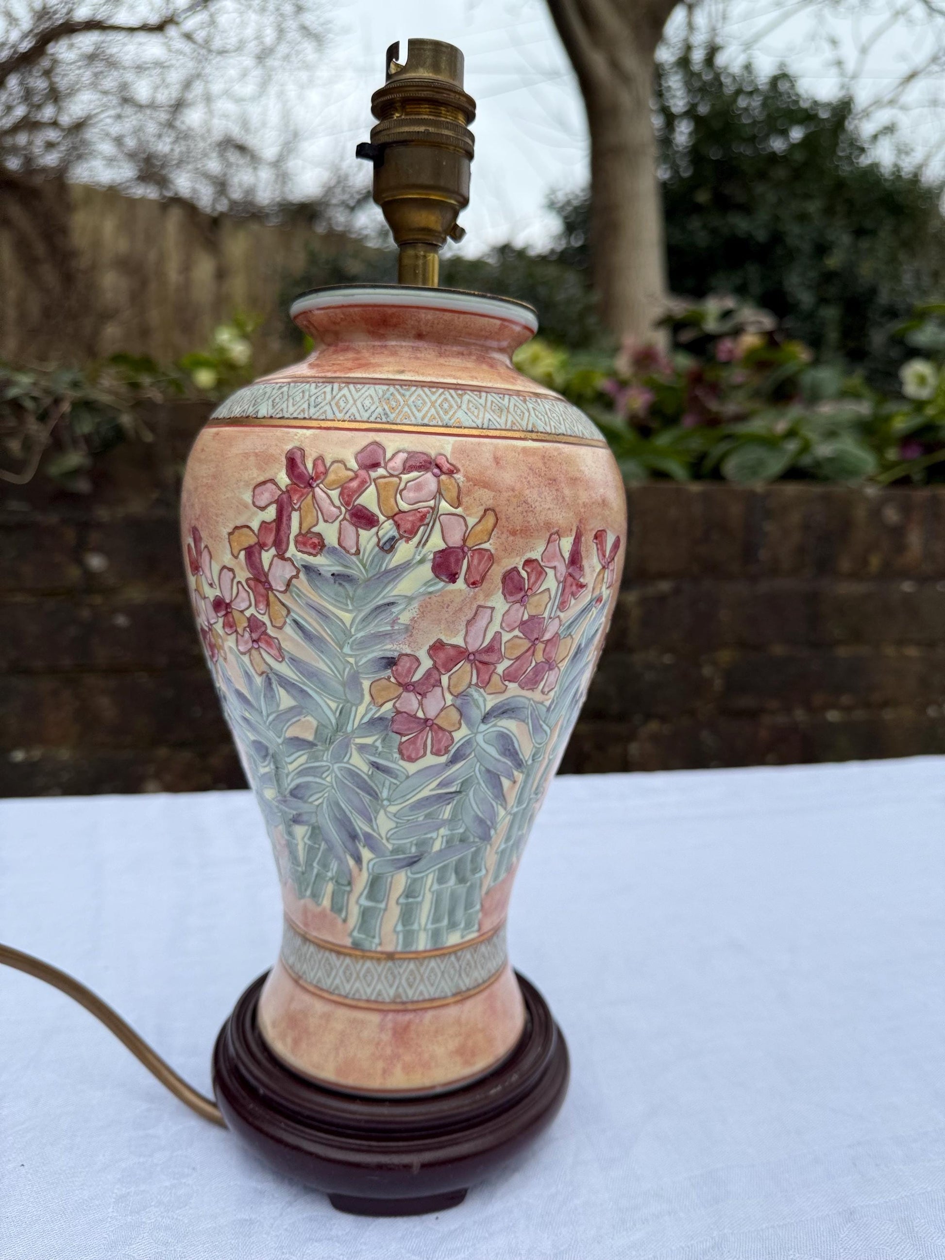 Vintage BHS Peach Floral Oriental Style Table Lamp - PAT tested, working