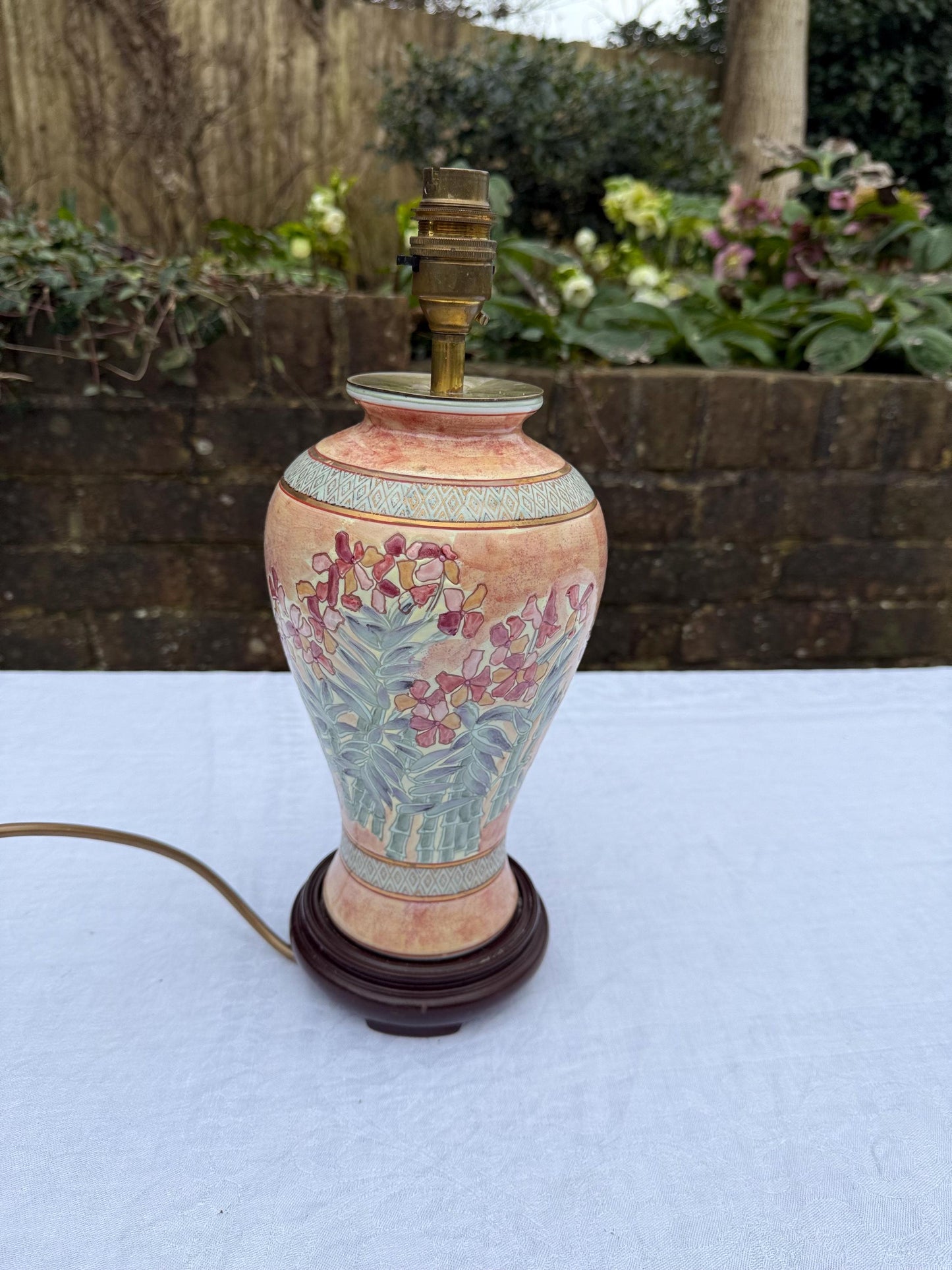 Vintage BHS Peach Floral Oriental Style Table Lamp - PAT tested, working