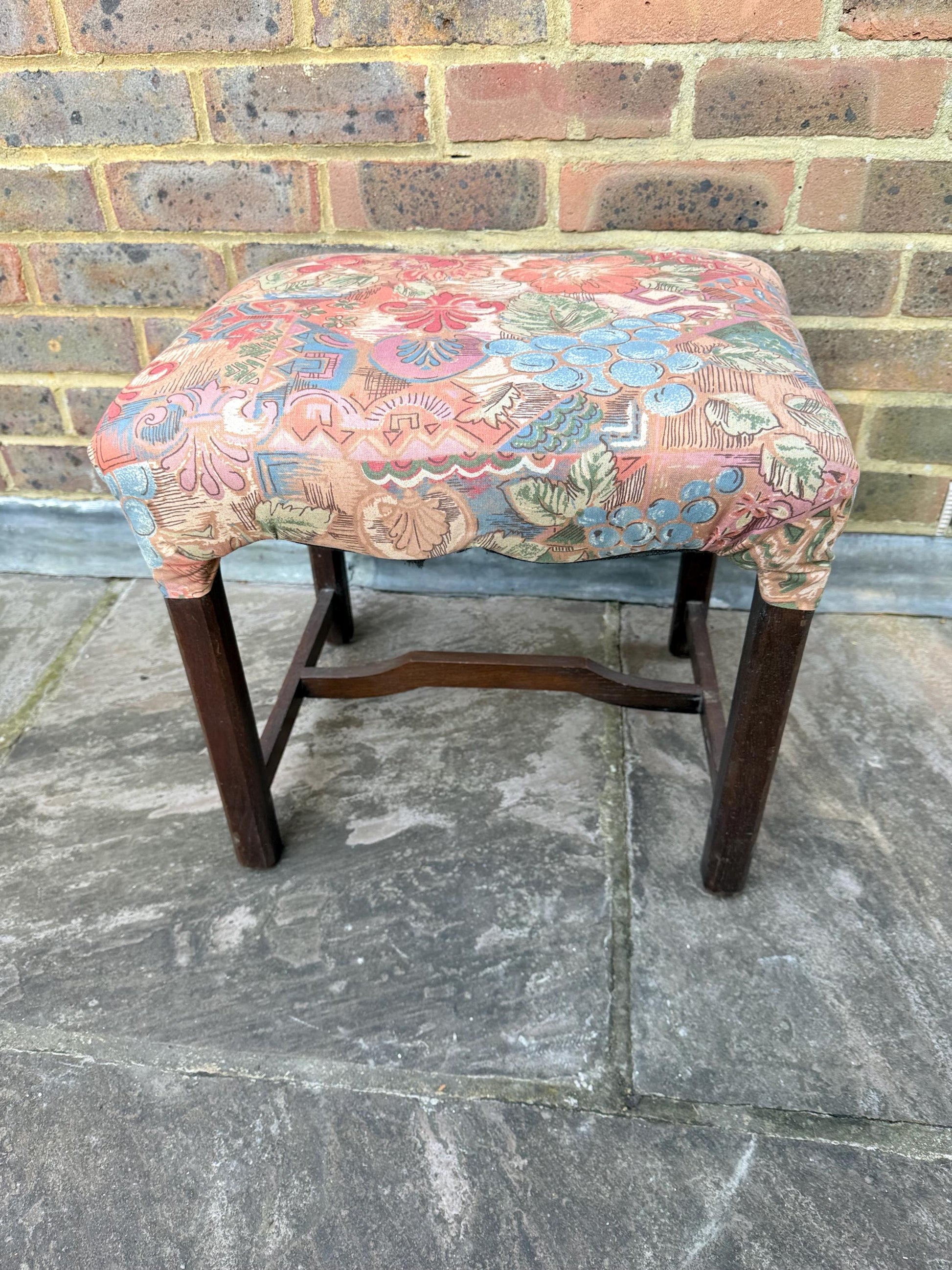 Mid-century wooden stool with a 1980s fabric seat, retro stool, 1950s stool, wooden stool, wood stool, upholstered stool
