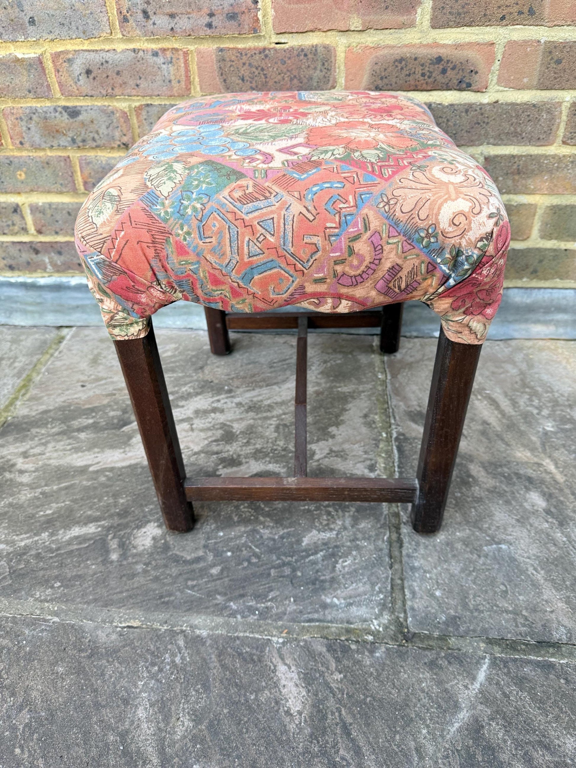 Mid-century wooden stool with a 1980s fabric seat, retro stool, 1950s stool, wooden stool, wood stool, upholstered stool