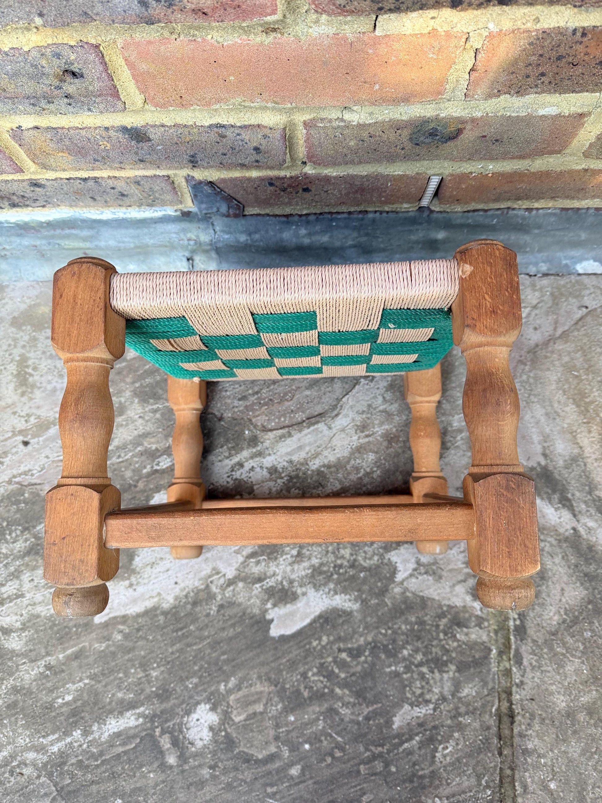 Fabulous retro vintage foot stool, woven stool, retro woven string stool - green and brown and beige stool, child chair