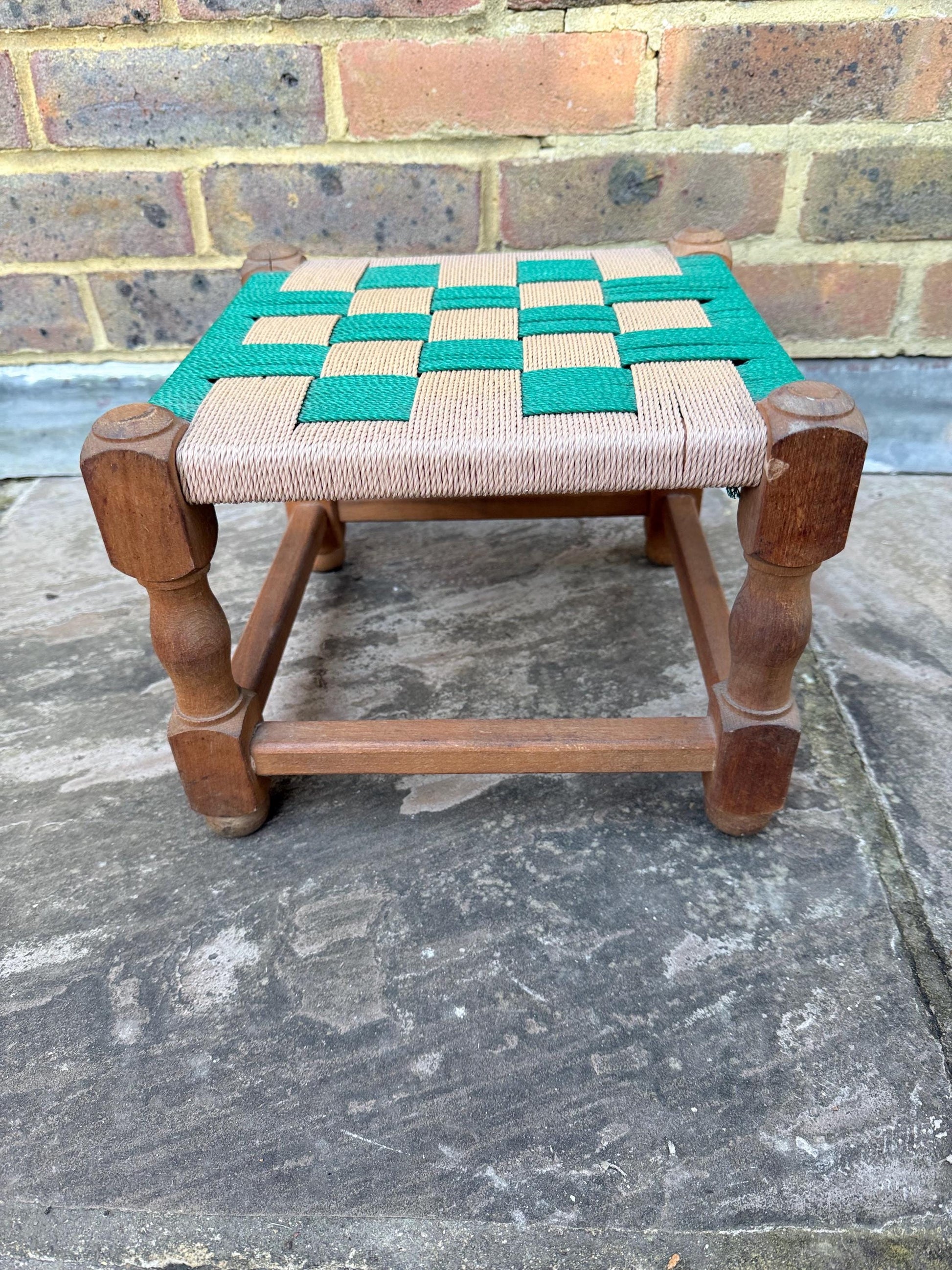 Fabulous retro vintage foot stool, woven stool, retro woven string stool - green and brown and beige stool, child chair