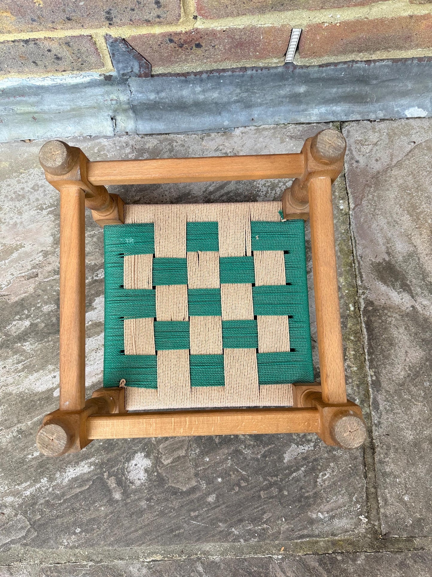 Fabulous retro vintage foot stool, woven stool, retro woven string stool - green and brown and beige stool, child chair