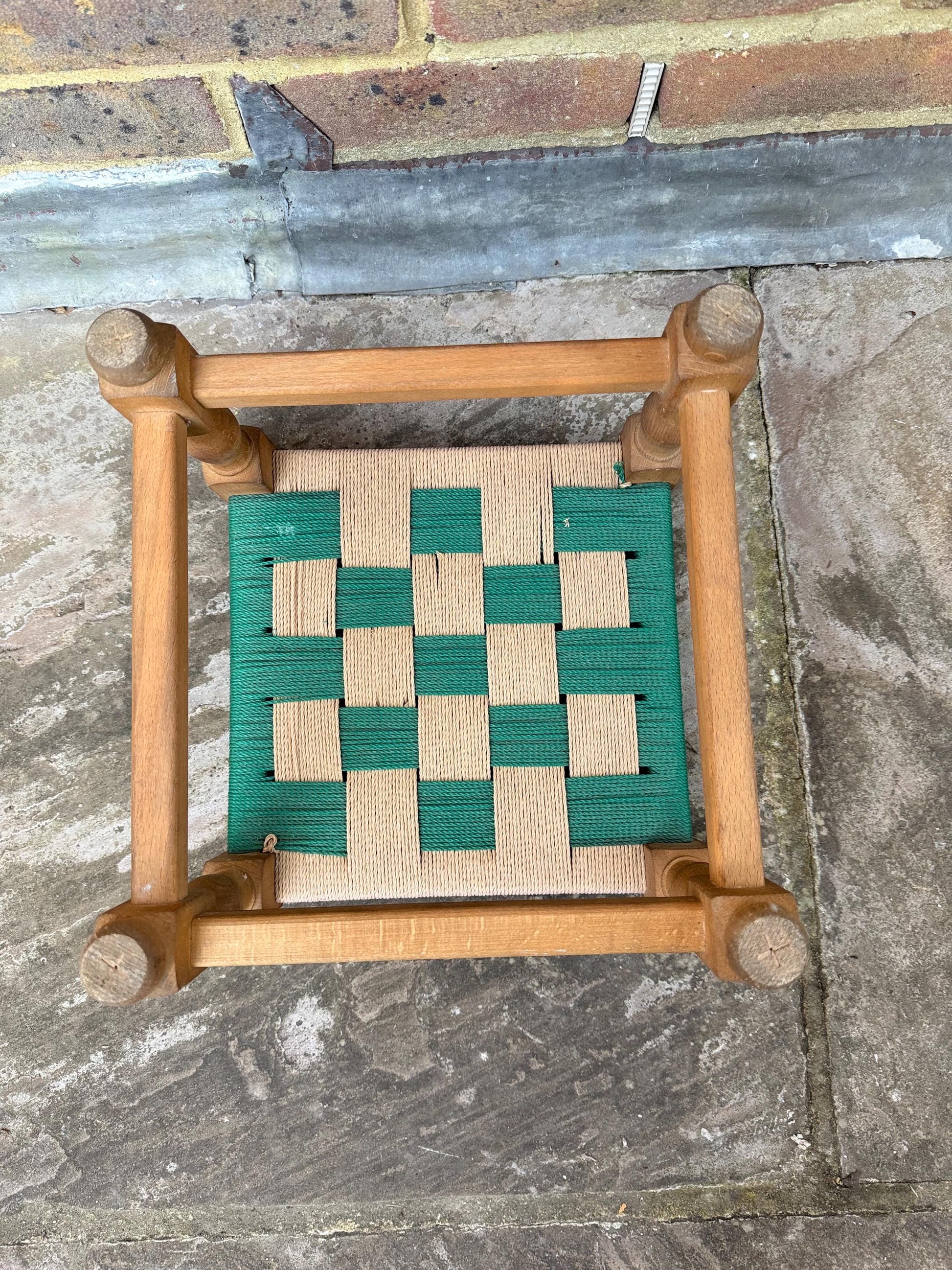 Fabulous retro vintage foot stool, woven stool, retro woven string stool - green and brown and beige stool, child chair