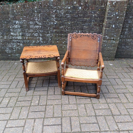 Pair of Solid Oak Monks Bench Upholstered Occasional Chairs Tables Side Chair Table FREE HAND Delivery