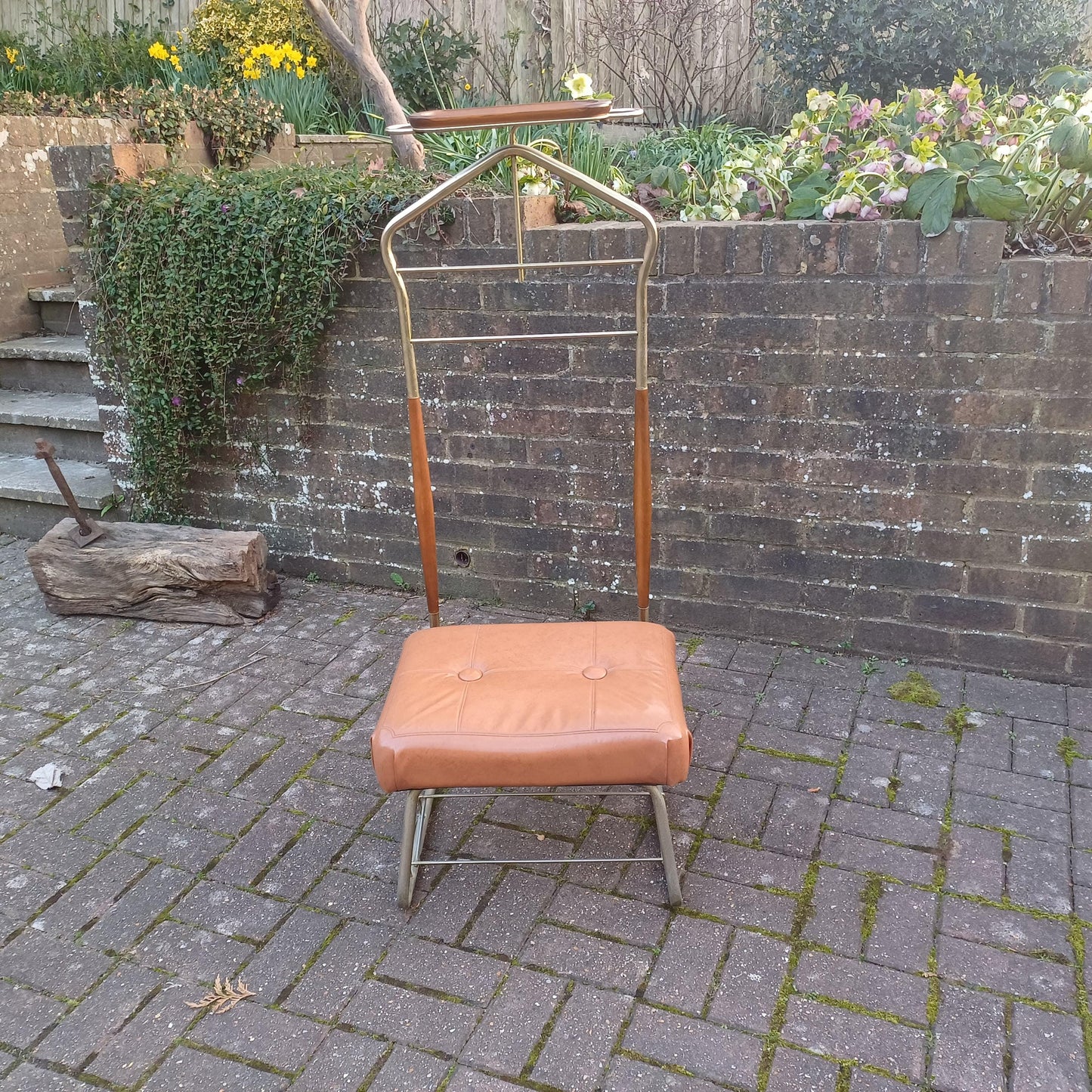 Vintage Retro 60s or 70s Valet Stand Chair Clothes Rack Storage Gold Finish Wood Accents Seat and Storage FREE HAND Delivery