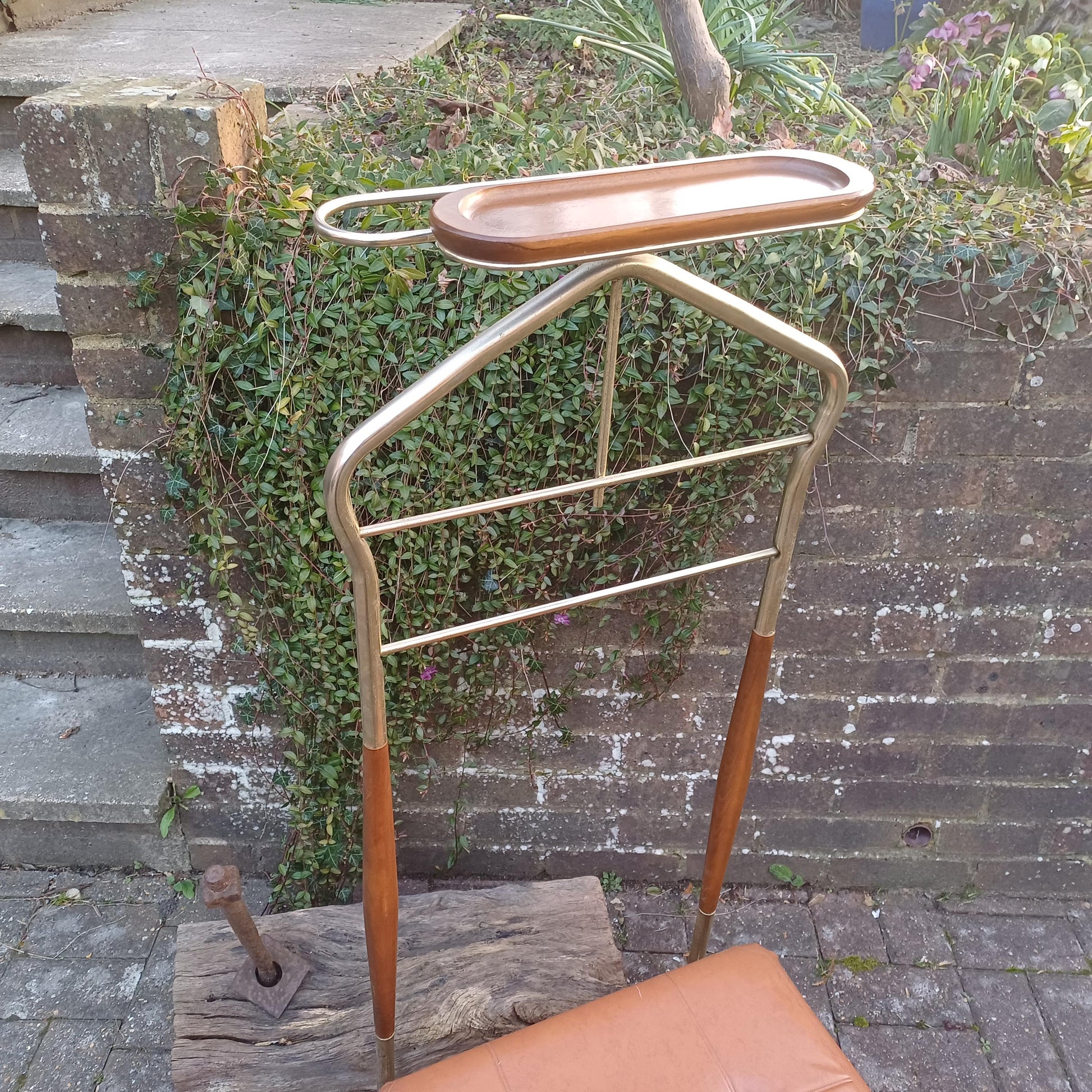 Vintage Retro 60s or 70s Valet Stand Chair Clothes Rack Storage Gold Finish Wood Accents Seat and Storage FREE HAND Delivery