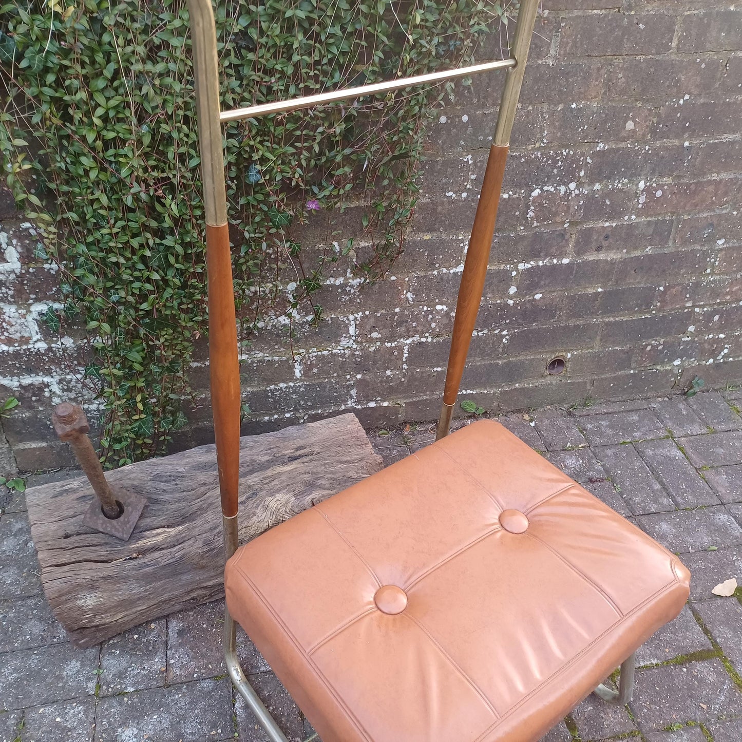 Vintage Retro 60s or 70s Valet Stand Chair Clothes Rack Storage Gold Finish Wood Accents Seat and Storage FREE HAND Delivery