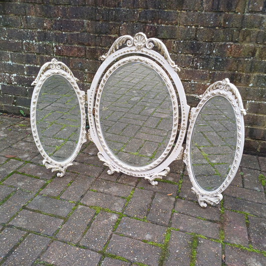 A Particularly Large Classic 70s Bedroom Ornate Painted Triple Dressing Table Mirror Light Cream Gold Highlights Bevelled Glass Adjustable.