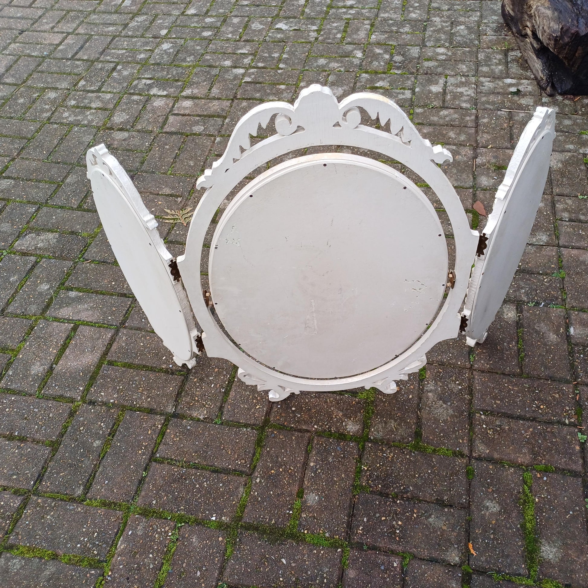 A Particularly Large Classic 70s Bedroom Ornate Painted Triple Dressing Table Mirror Light Cream Gold Highlights Bevelled Glass Adjustable.