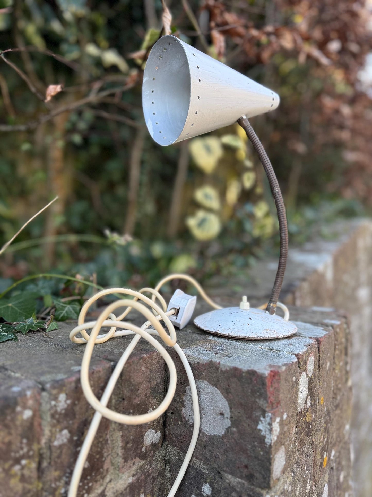 Original Early Retro Metal Desk Lamp, adjustable, European - white metal with star detail, original finishes, PAT tested and working