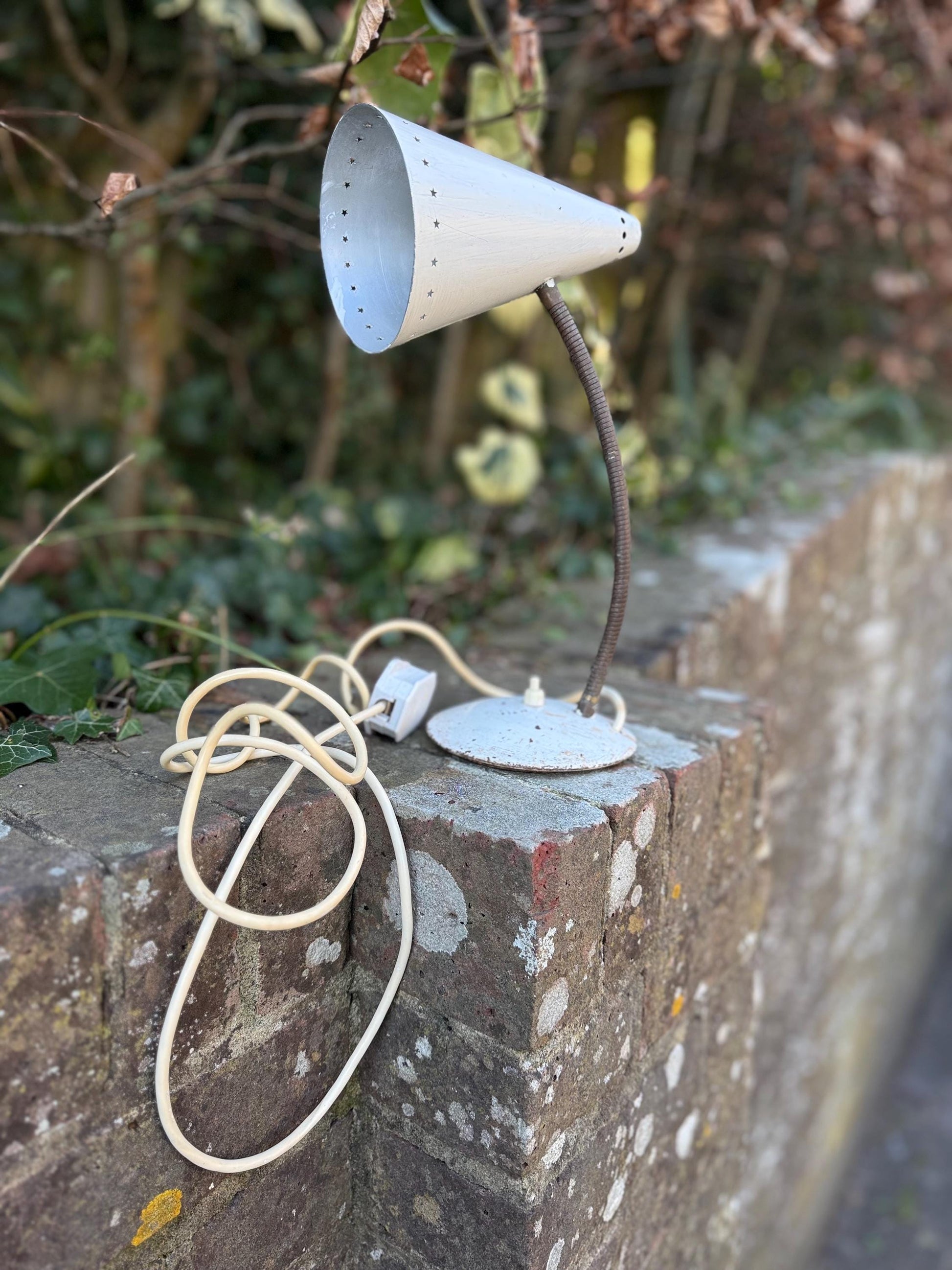 Original Early Retro Metal Desk Lamp, adjustable, European - white metal with star detail, original finishes, PAT tested and working