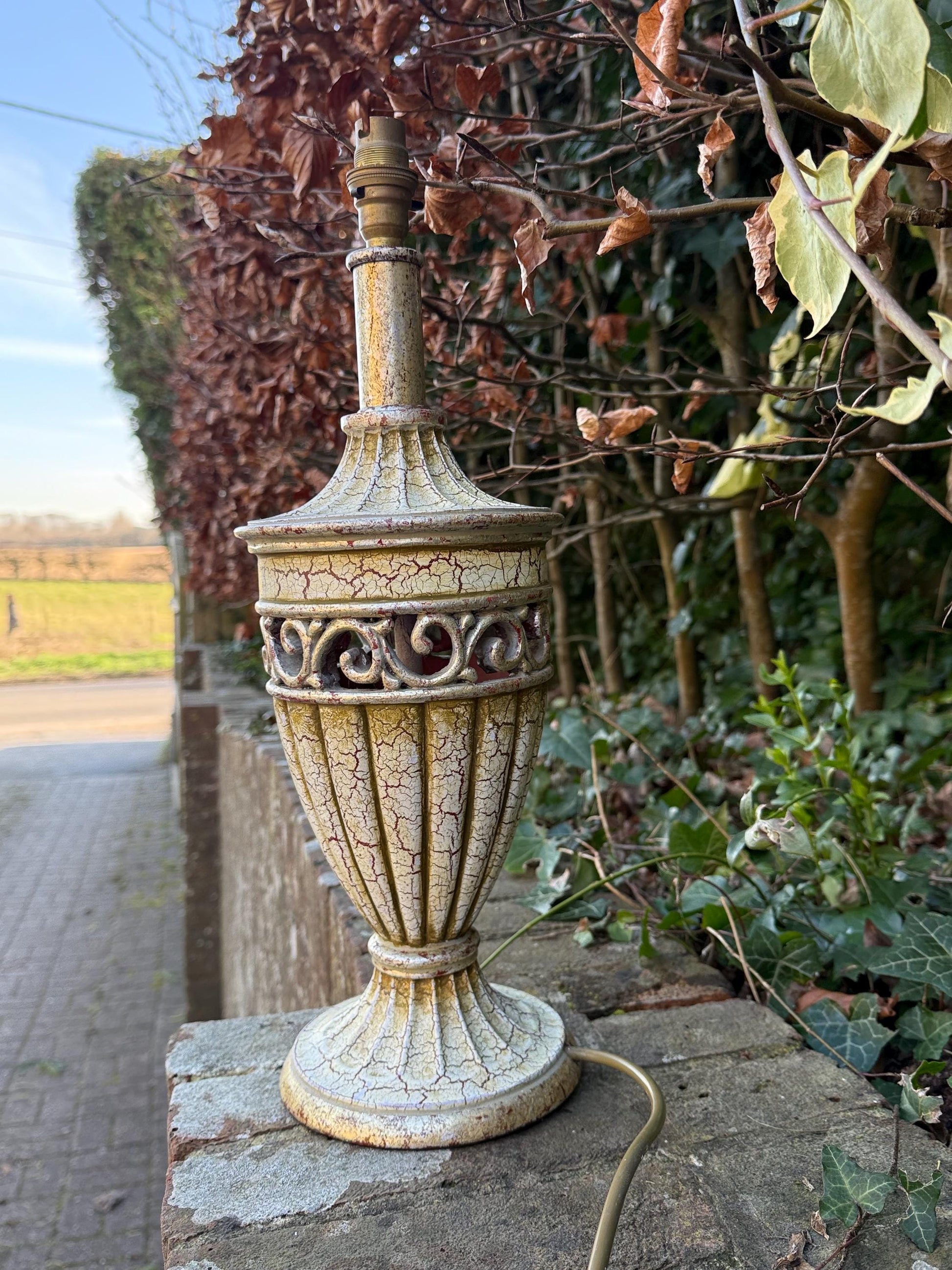 Large vintage Neo-Classical Urn Shaped Lamp in Cream, gold and crackle finish with reddish tones - PAT tested and working, 48cm tall