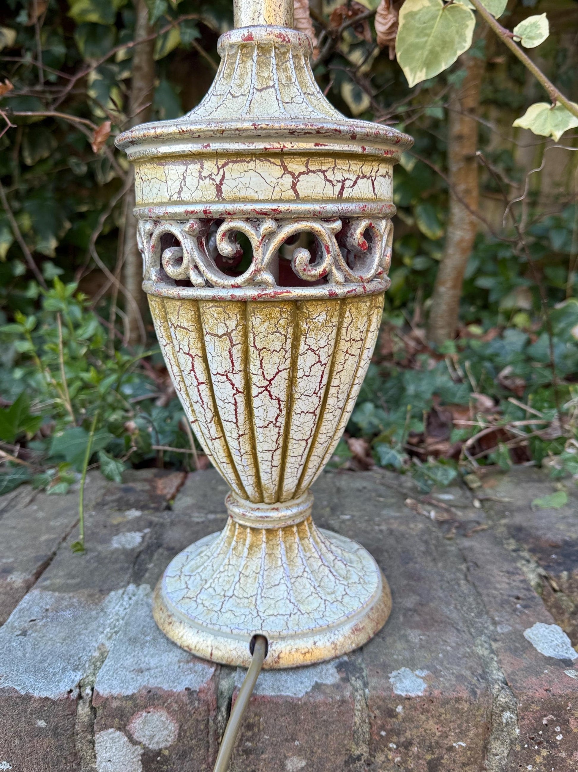 Large vintage Neo-Classical Urn Shaped Lamp in Cream, gold and crackle finish with reddish tones - PAT tested and working, 48cm tall
