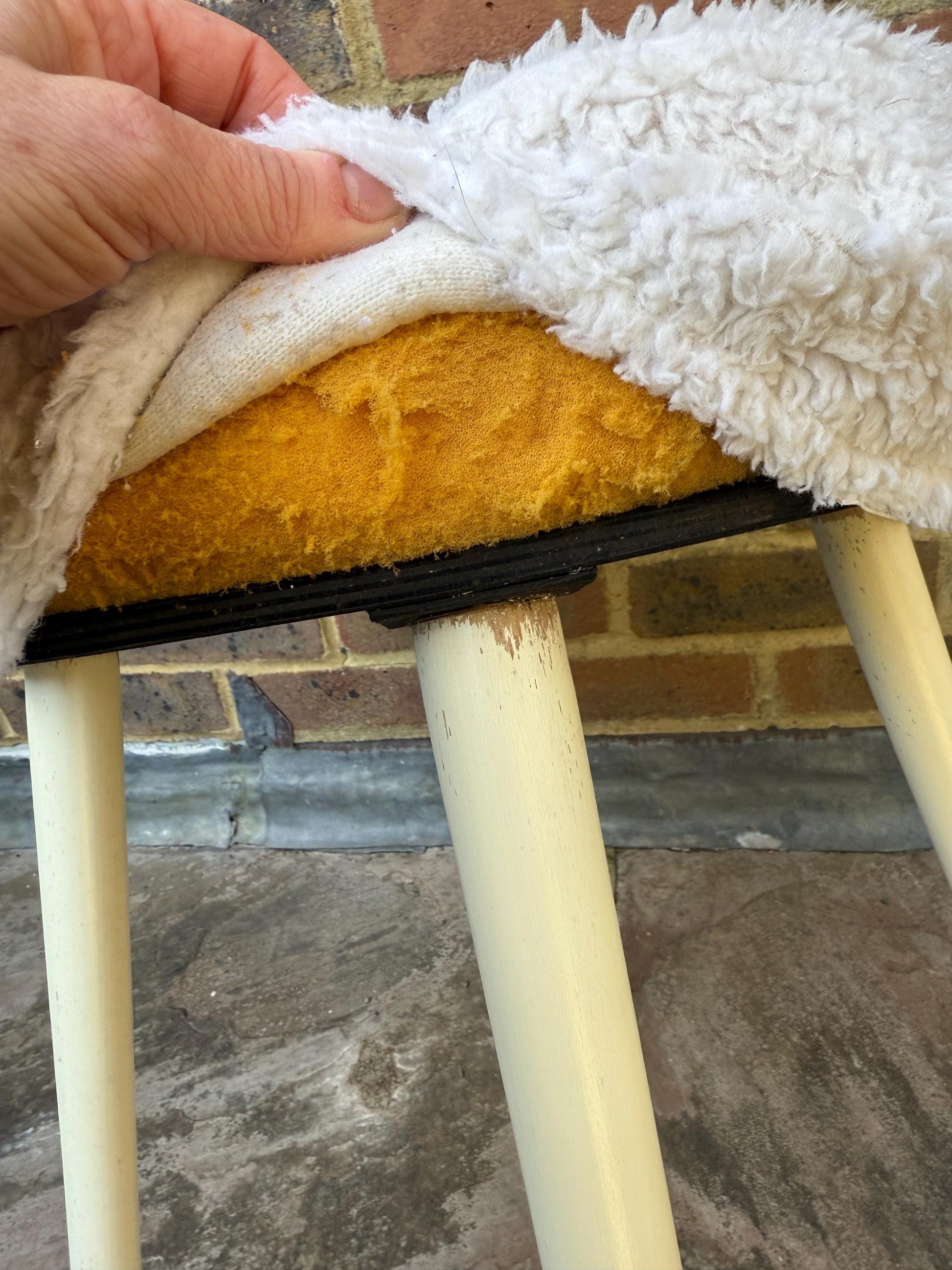 Vintage Sherborne Faux Fur White Wooden stool - 1970s/80s