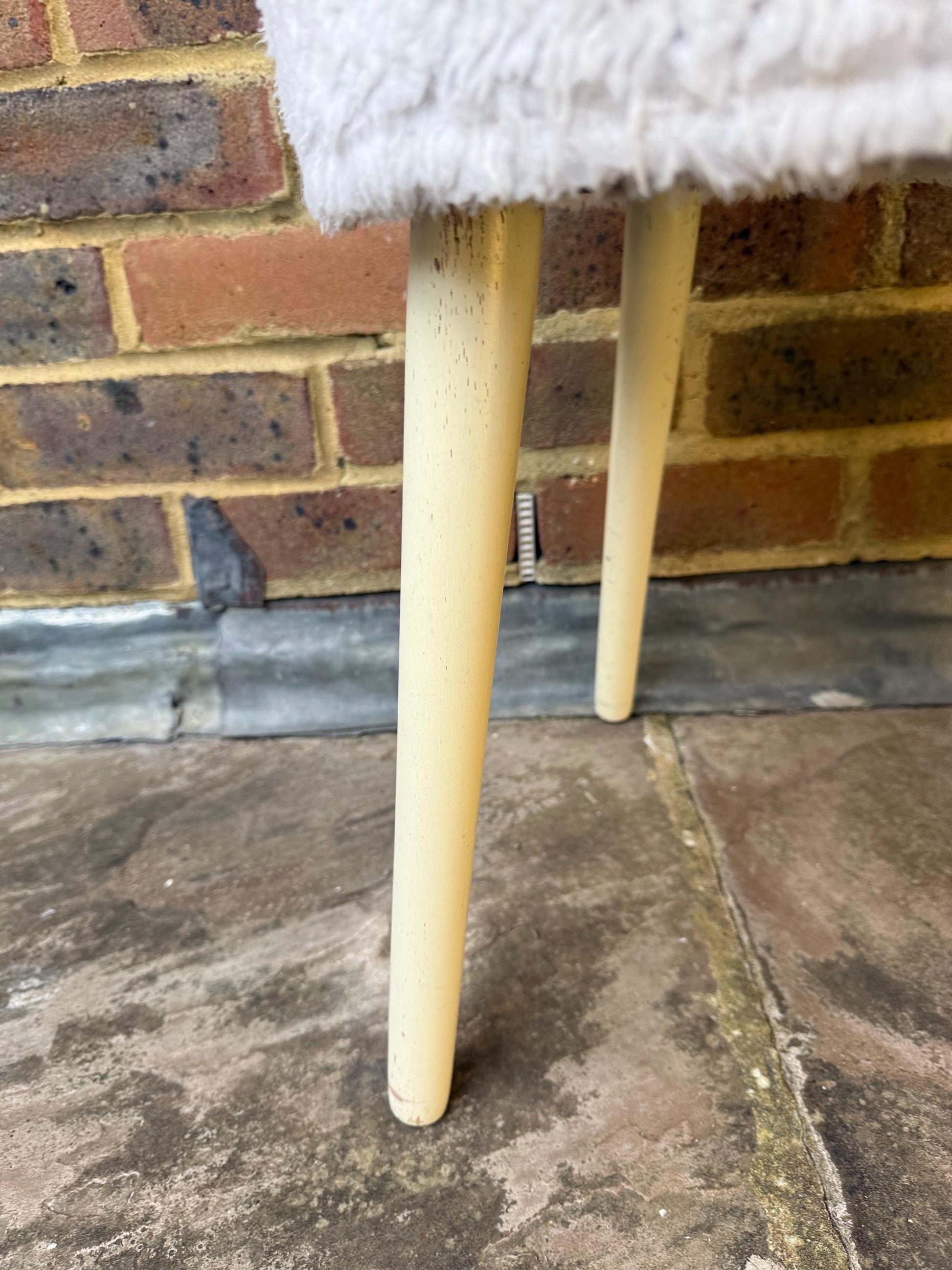 Vintage Sherborne Faux Fur White Wooden stool - 1970s/80s