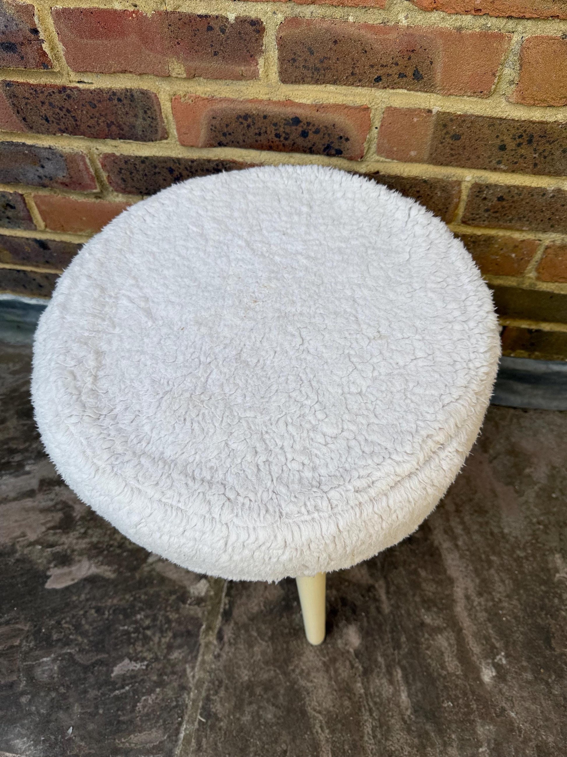 Vintage Sherborne Faux Fur White Wooden stool - 1970s/80s
