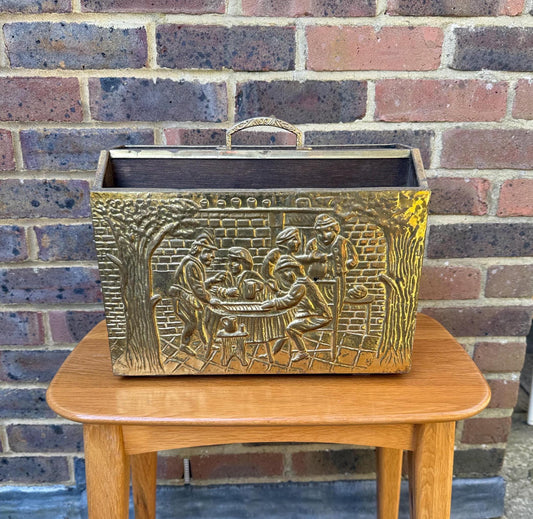 mid-century, vintage brass covered magazine rack, vintage storage. living room storage, retro and vintage storage