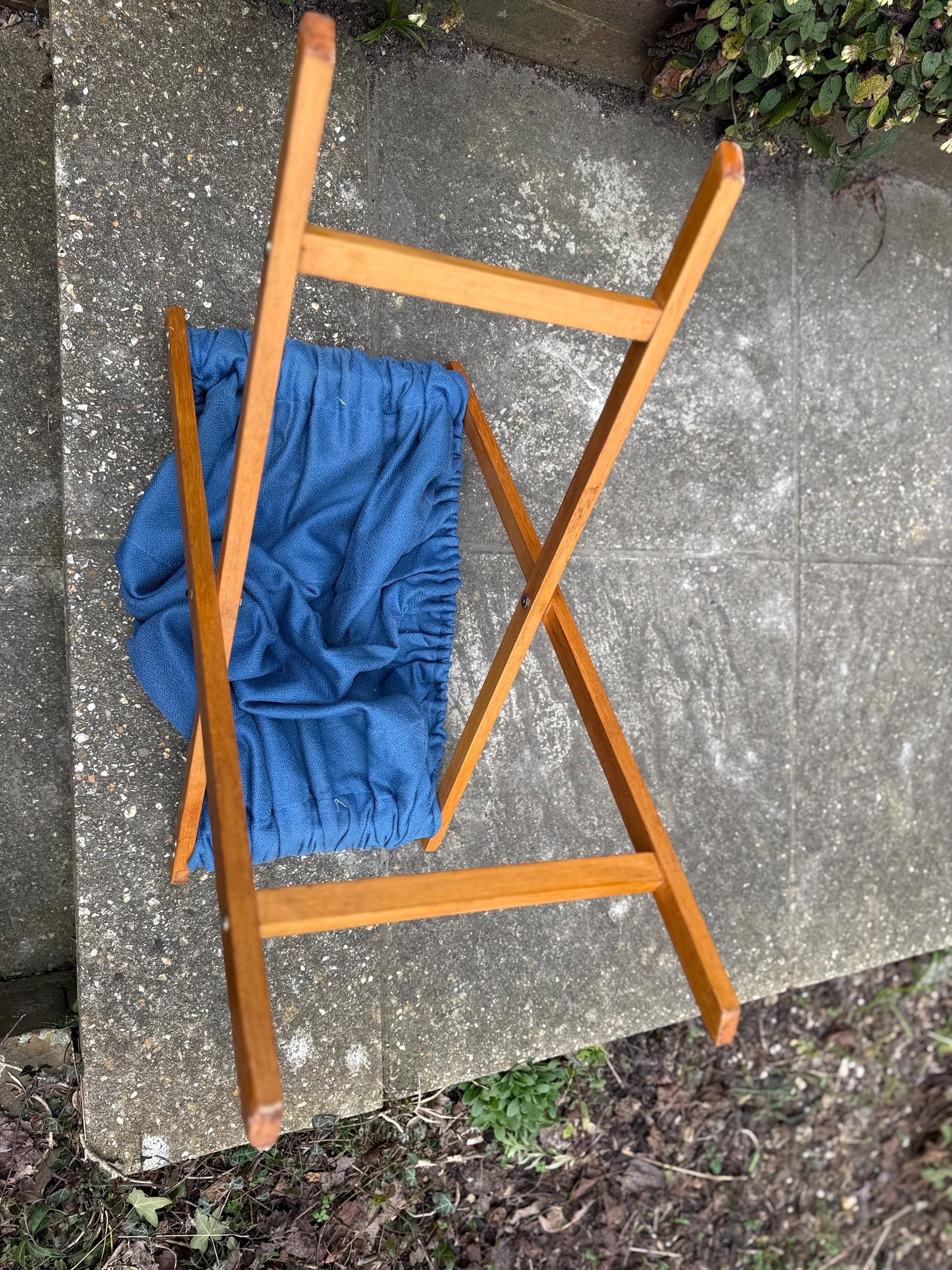Vintage Knitting or Craft Folding Basket – wooden frame gorgeous Royal Blue & Emerald Green Basket; retro knitting basket, storage basket
